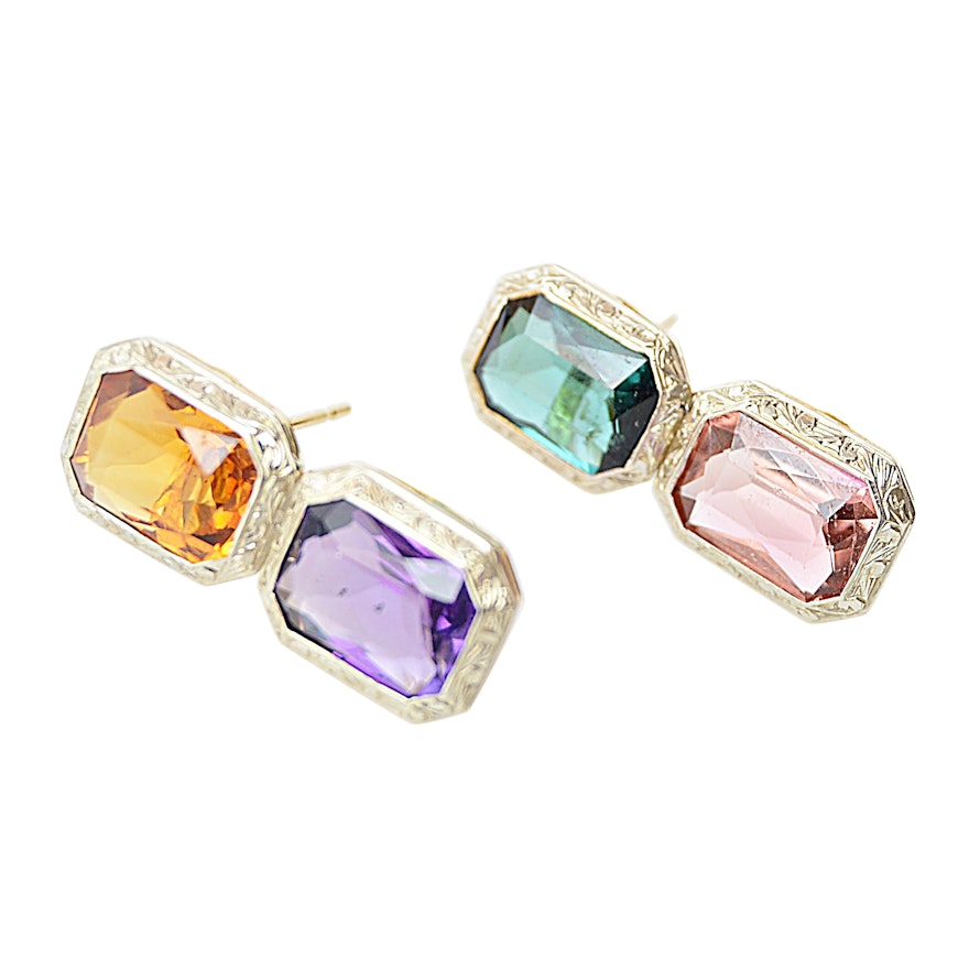 18K Yellow Gold Citrine and Amethyst Earrings