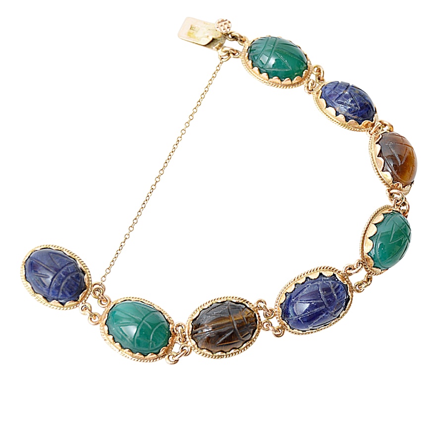 14K Yellow Gold Sodalite Calcedony and Tiger's Eye Bracelet