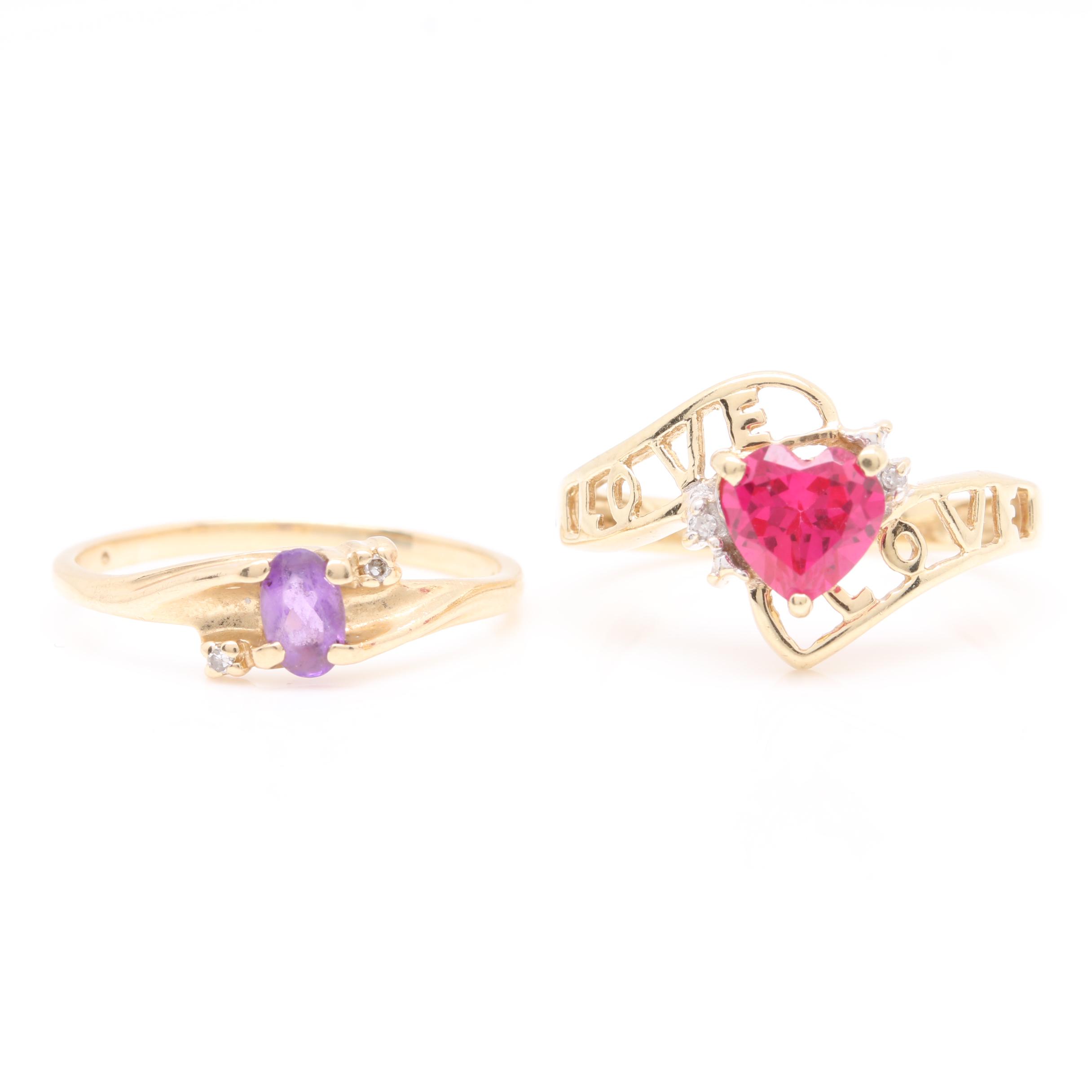 10K Yellow Gold Synthetic Ruby, Amethyst and Diamond Rings