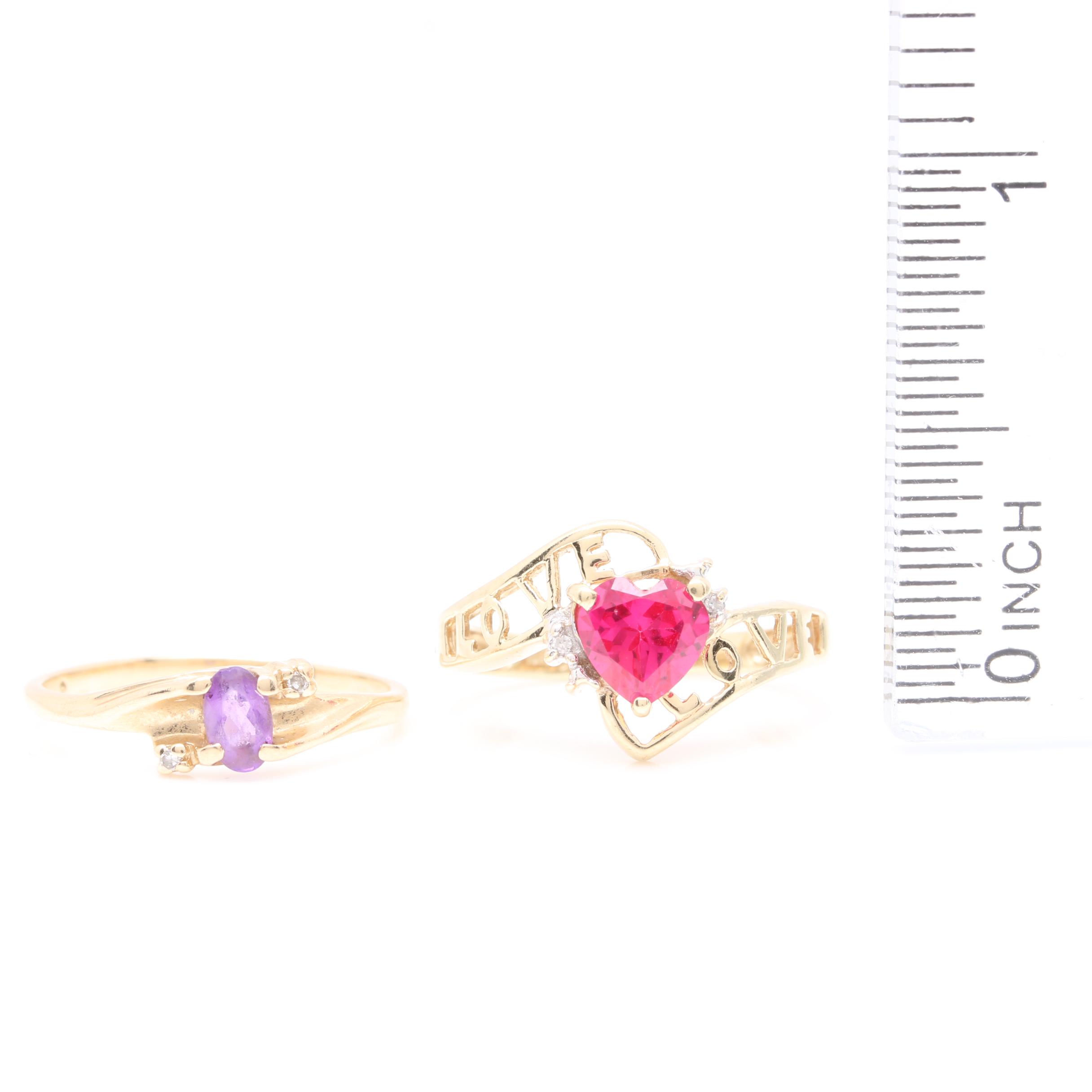 10K Yellow Gold Synthetic Ruby, Amethyst and Diamond Rings