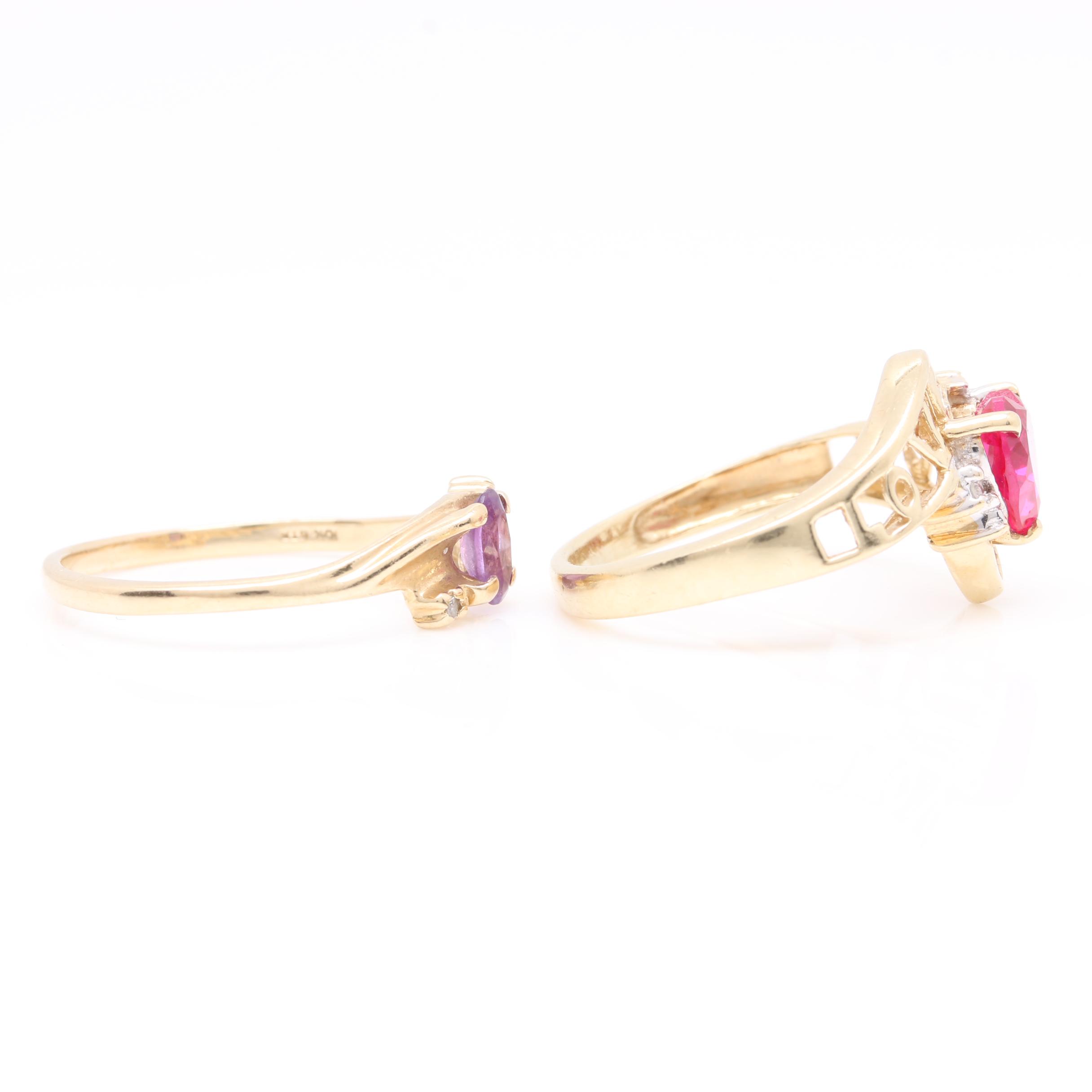 10K Yellow Gold Synthetic Ruby, Amethyst and Diamond Rings
