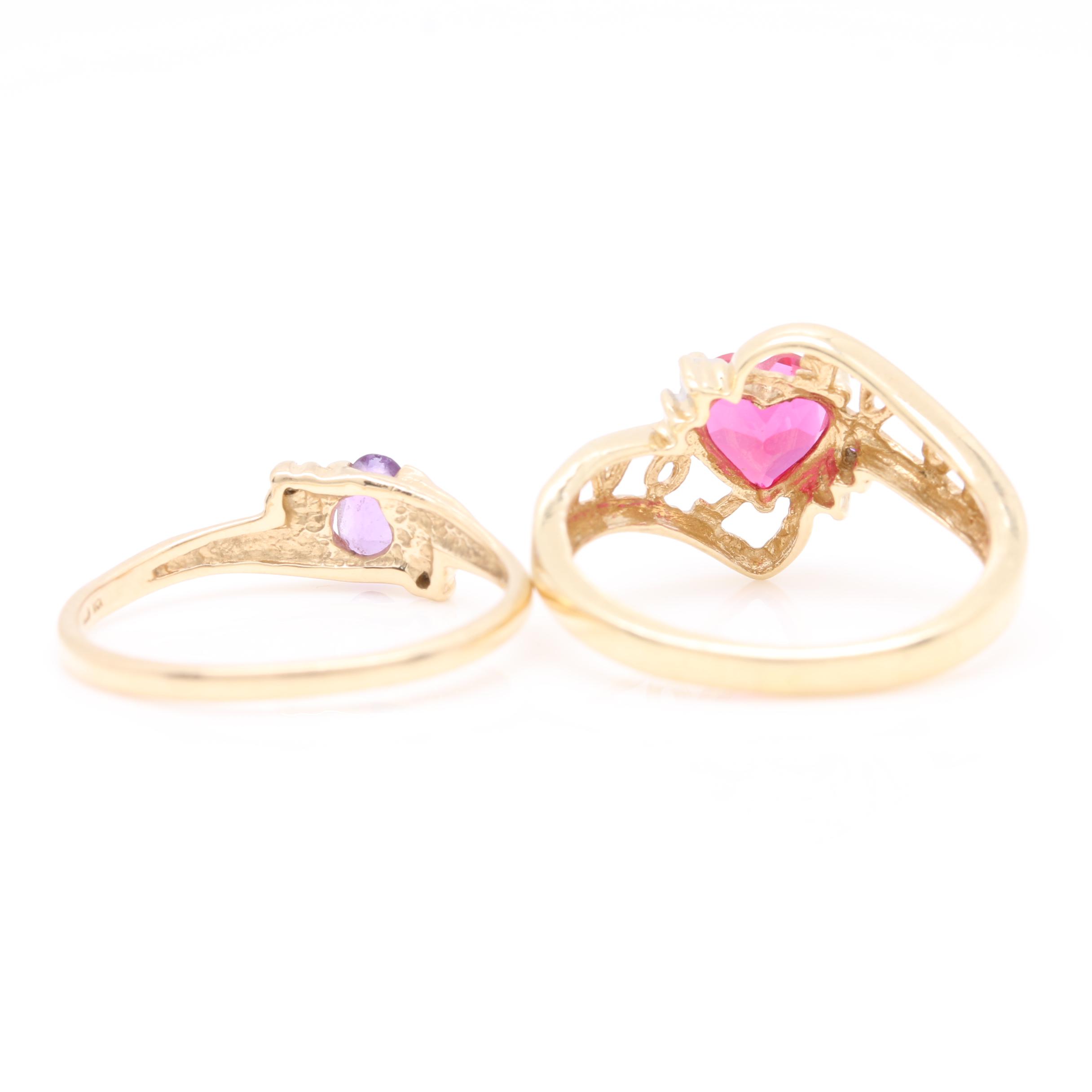 10K Yellow Gold Synthetic Ruby, Amethyst and Diamond Rings