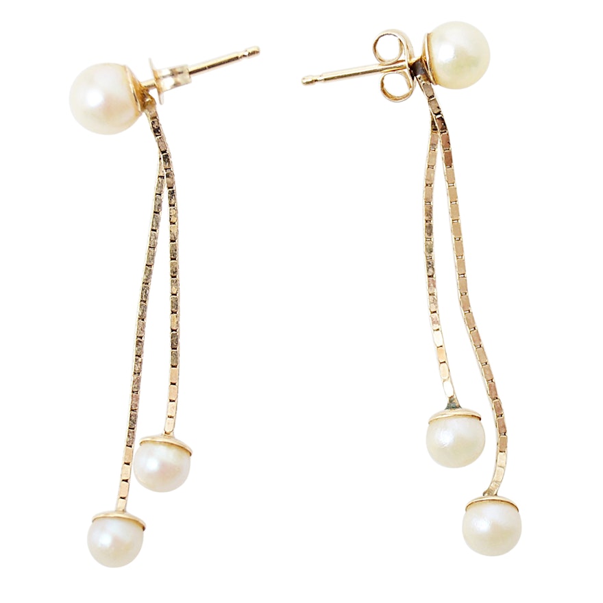 14K Yellow Gold Cultured Pearl Drop Dangle Earrings