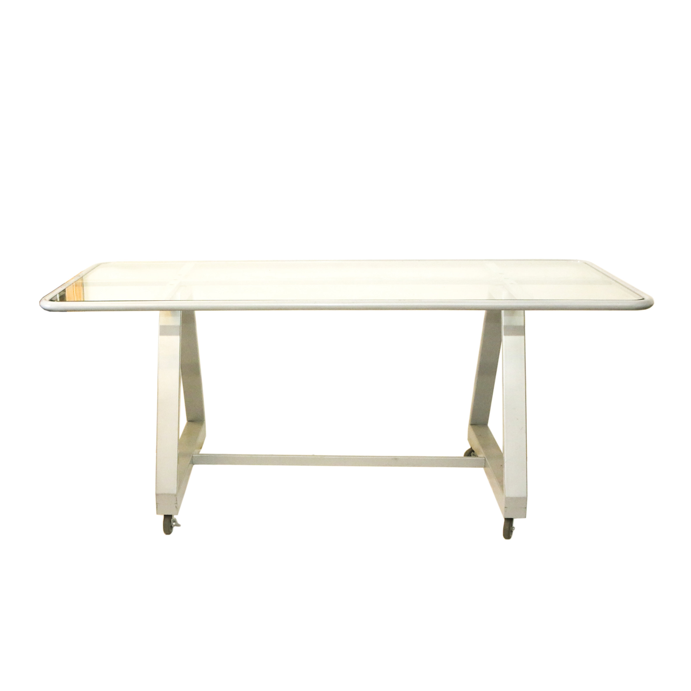 Contemporary Glass Top Metal Desk on Casters