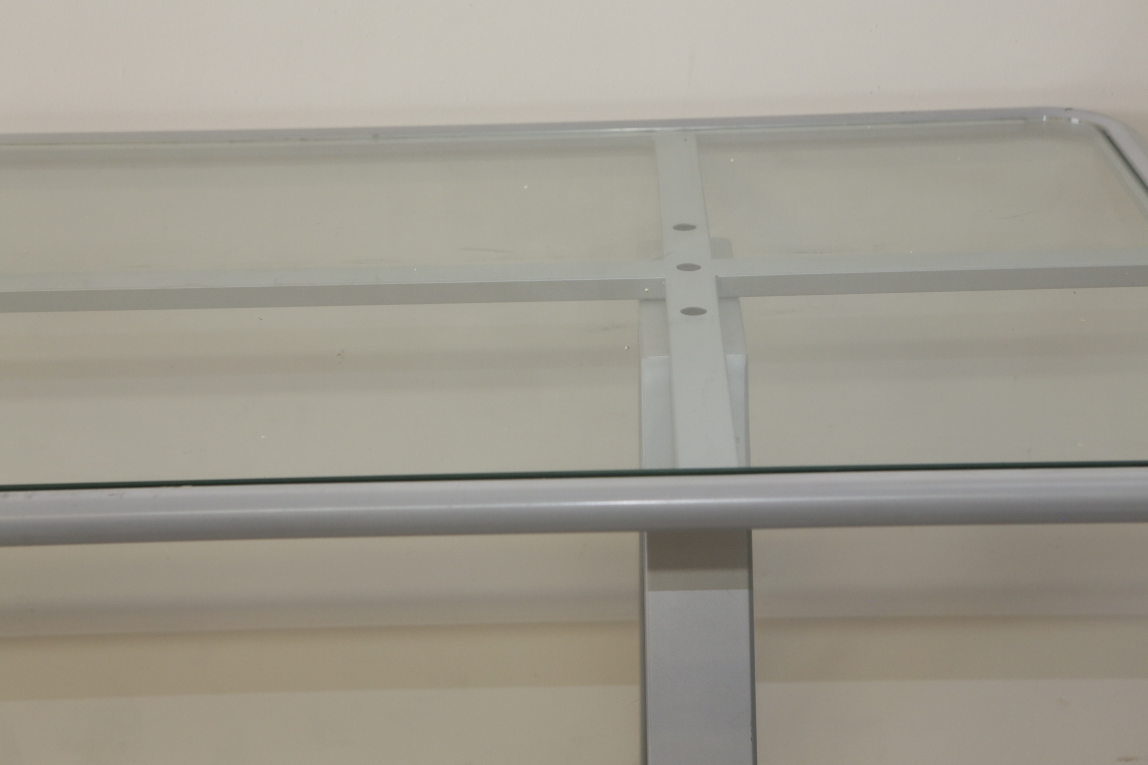 Contemporary Glass Top Metal Desk on Casters