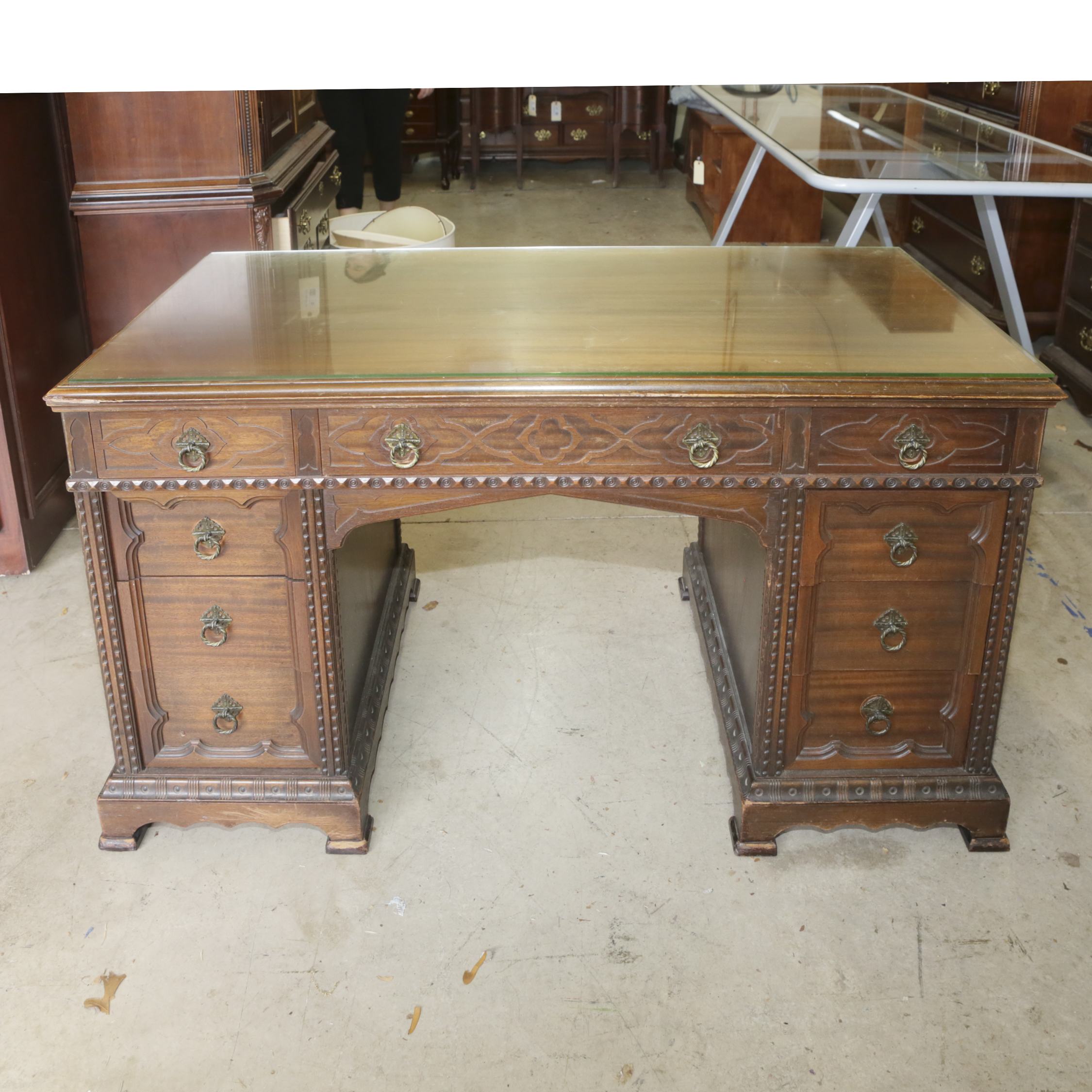 Vintage Jacobean Revival Style Mahogany Desk by the Colonial Manufacturing Co.
