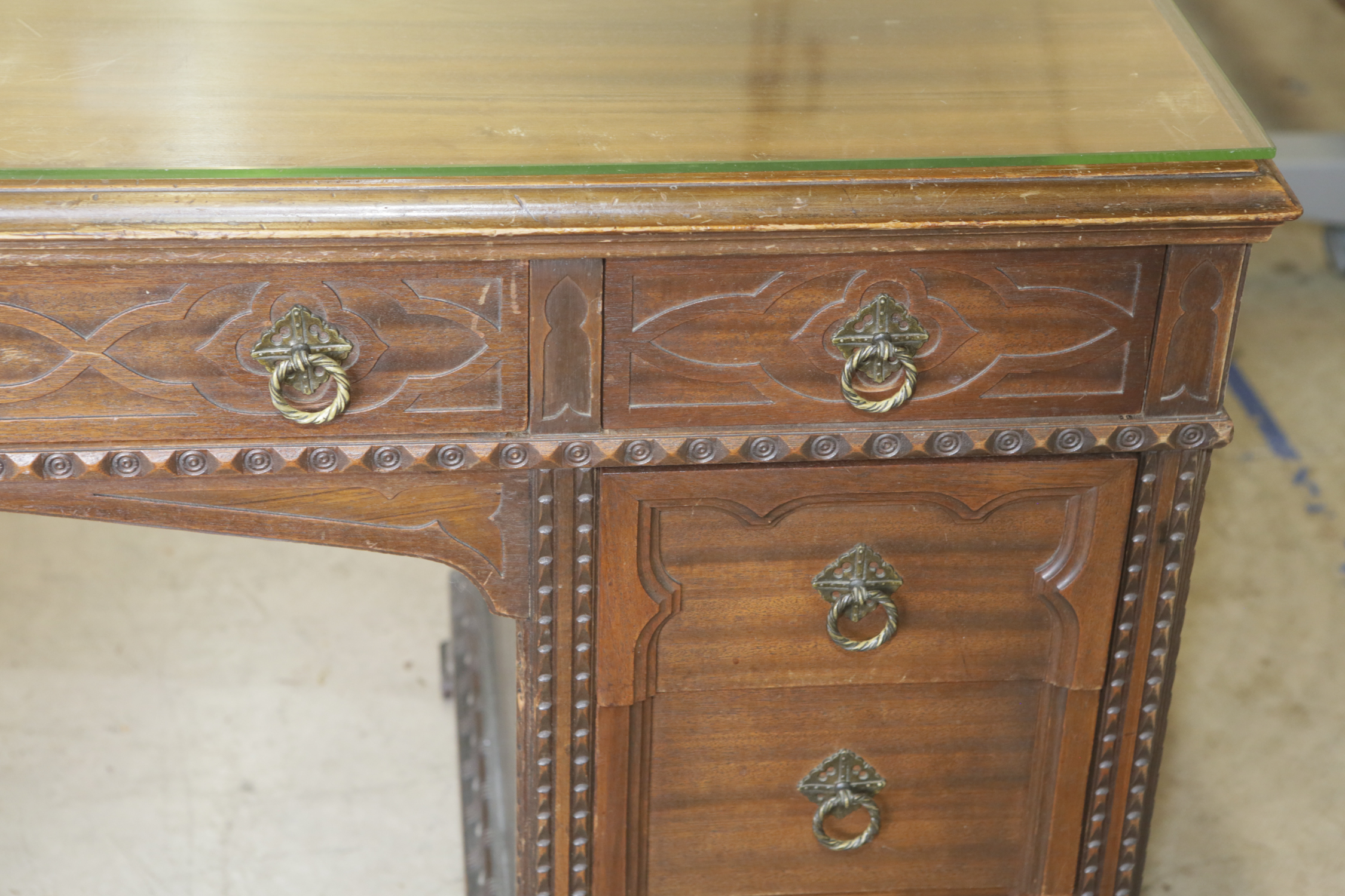 Vintage Jacobean Revival Style Mahogany Desk by the Colonial Manufacturing Co.