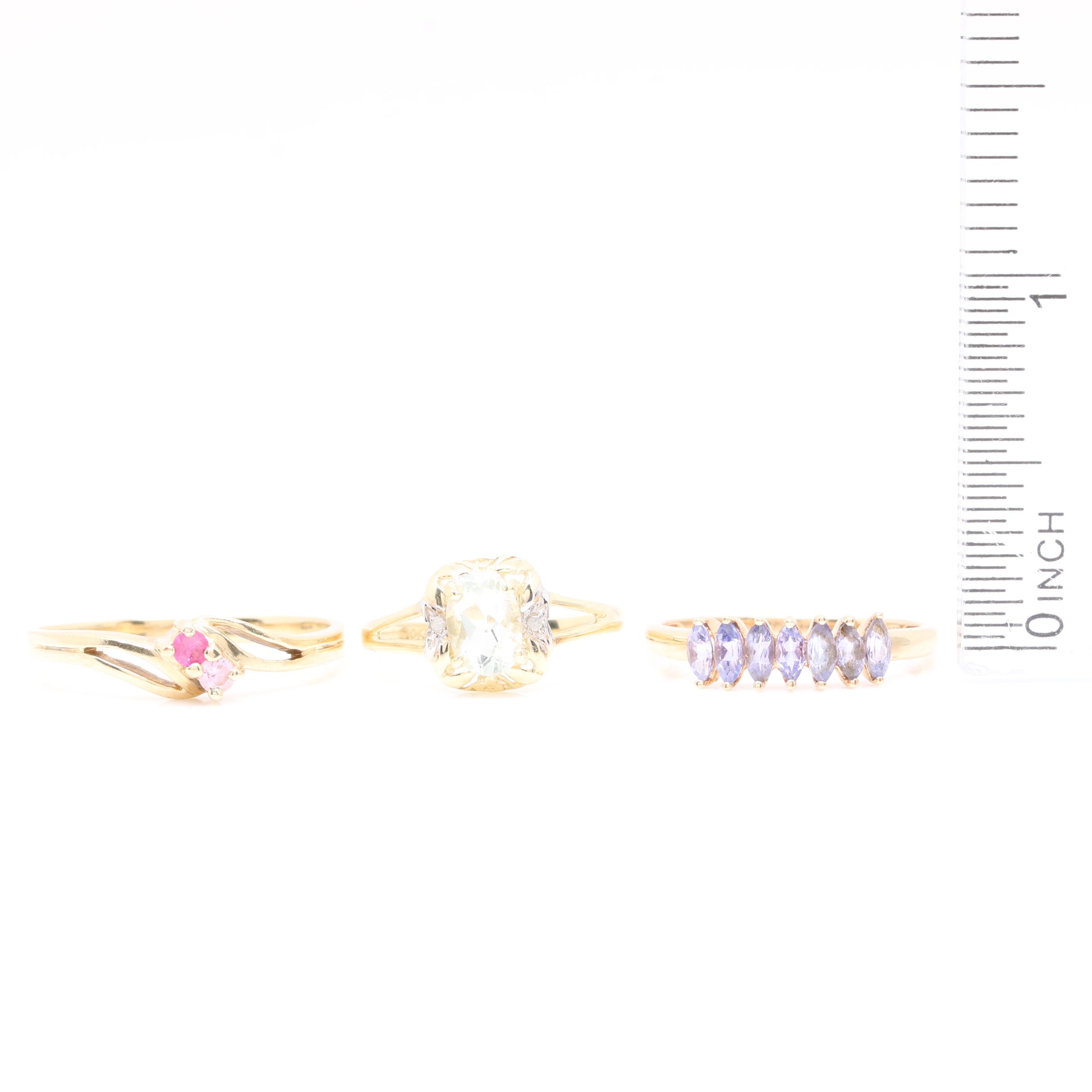 10K Yellow Gold Tanzanite, Synthetic Ruby, Praseolite, and Diamond Rings