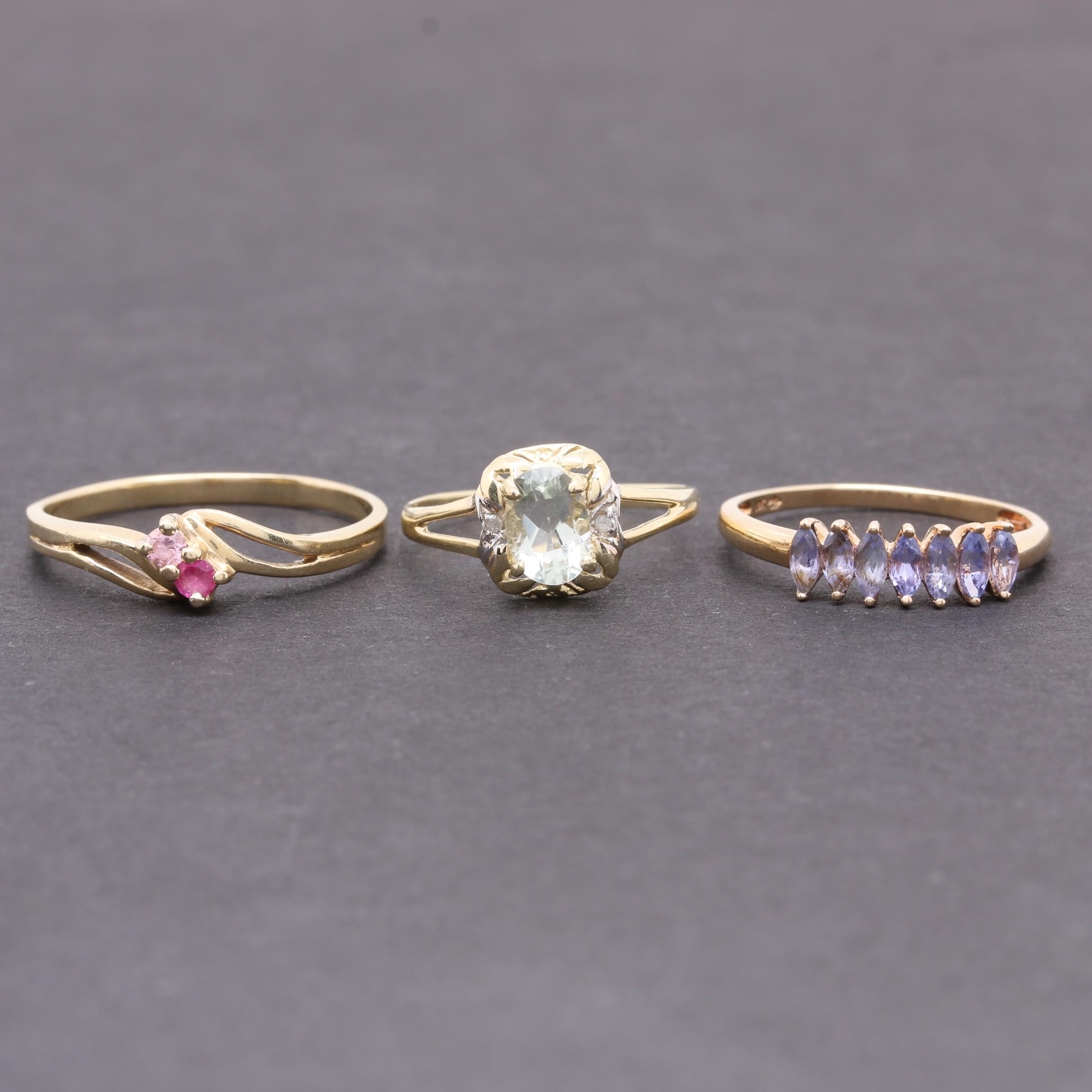 10K Yellow Gold Tanzanite, Synthetic Ruby, Praseolite, and Diamond Rings
