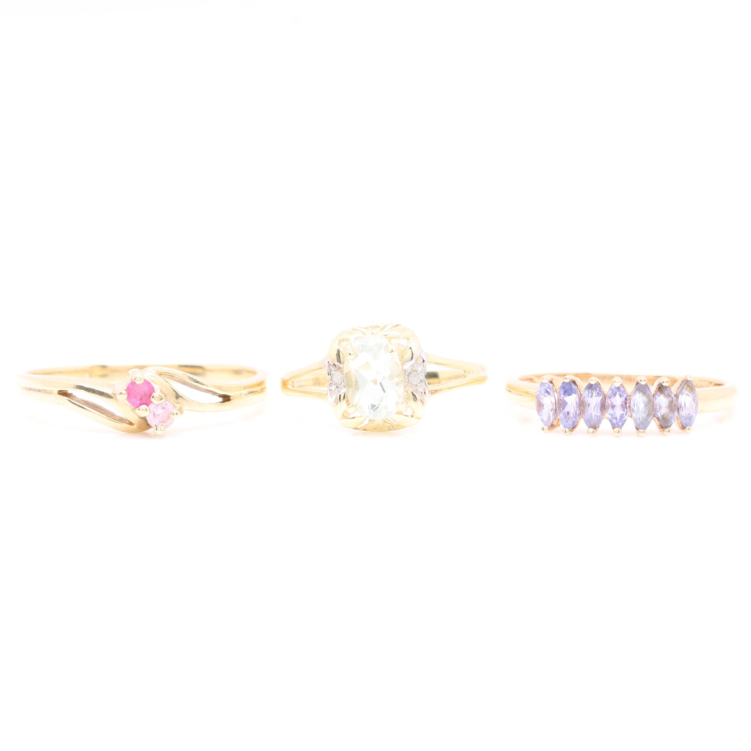 10K Yellow Gold Tanzanite, Synthetic Ruby, Praseolite, and Diamond Rings