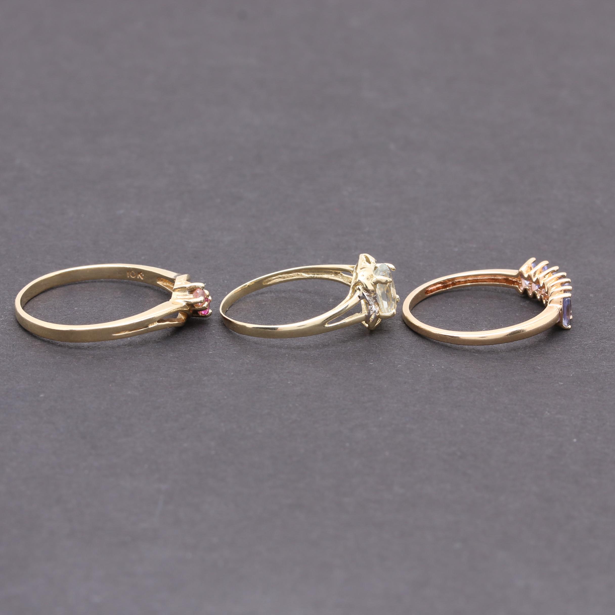 10K Yellow Gold Tanzanite, Synthetic Ruby, Praseolite, and Diamond Rings