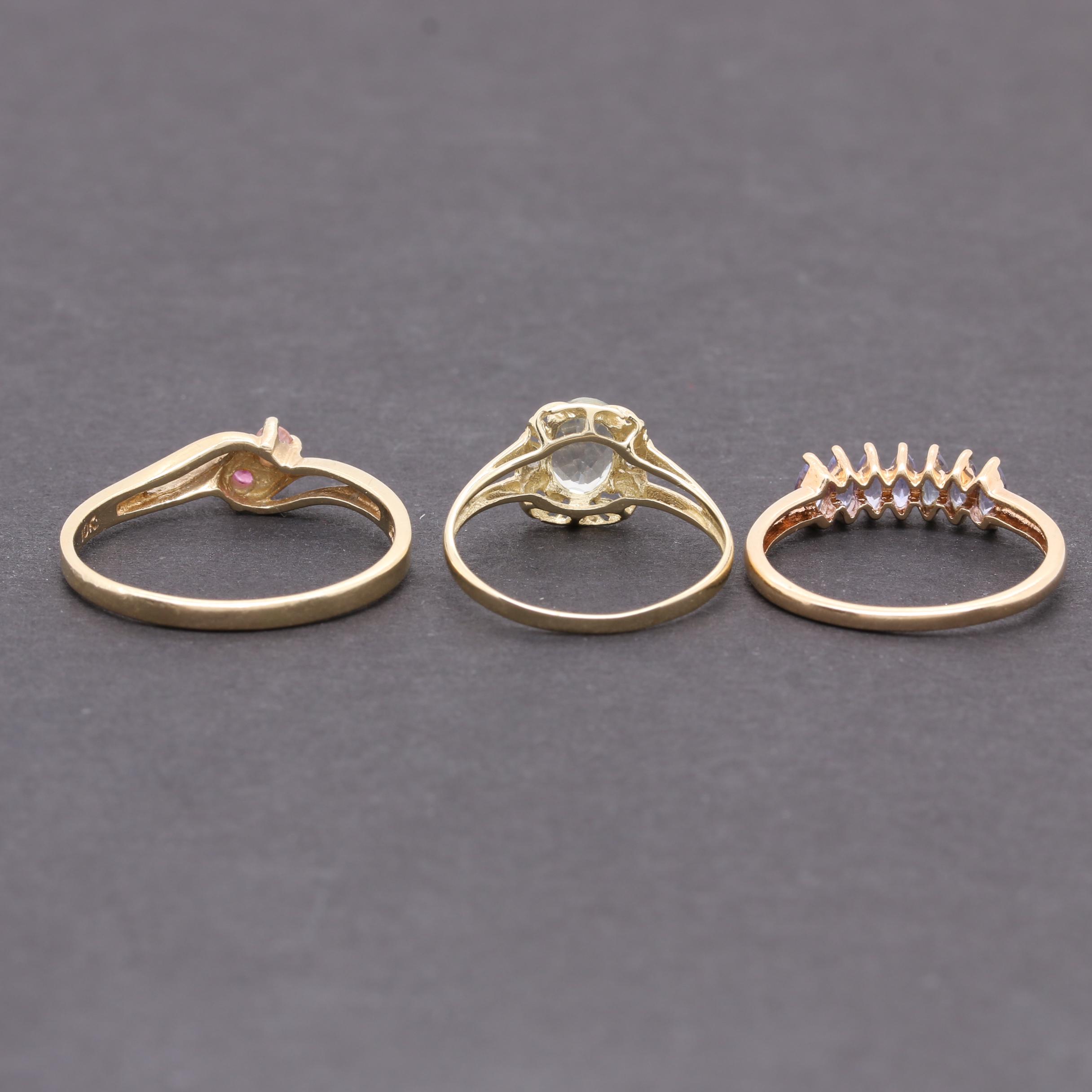 10K Yellow Gold Tanzanite, Synthetic Ruby, Praseolite, and Diamond Rings
