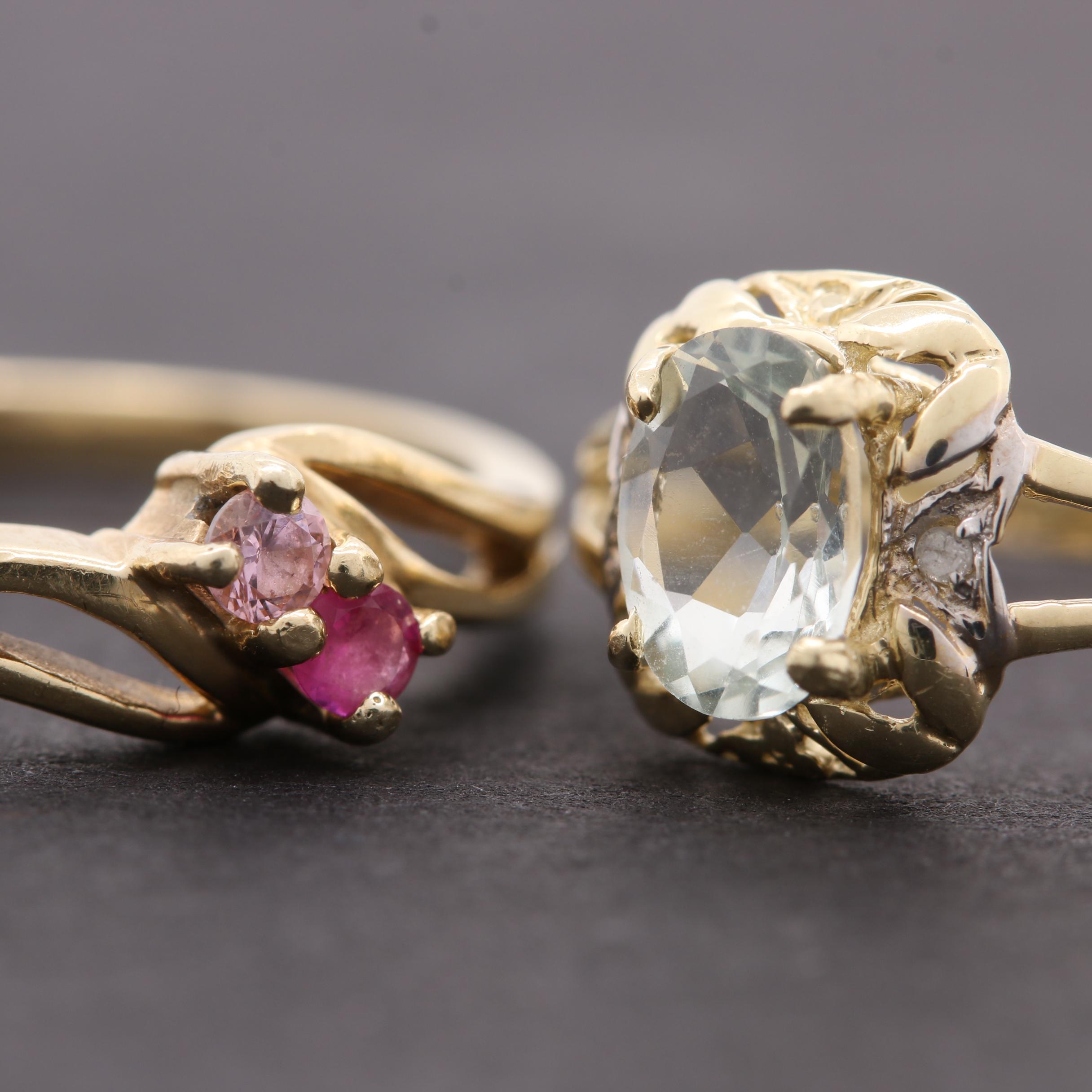 10K Yellow Gold Tanzanite, Synthetic Ruby, Praseolite, and Diamond Rings