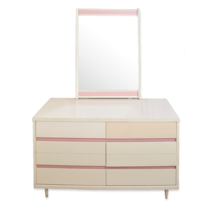 Mid Century Modern Dresser with Mirror in Cream and Pink Finish
