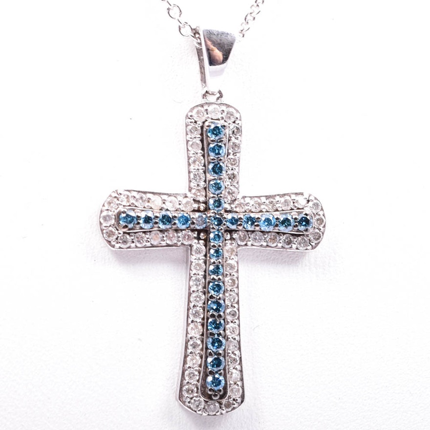 Sterling Silver 1.10 CTW Diamond and Blue Diamond Cross Pendant Necklace