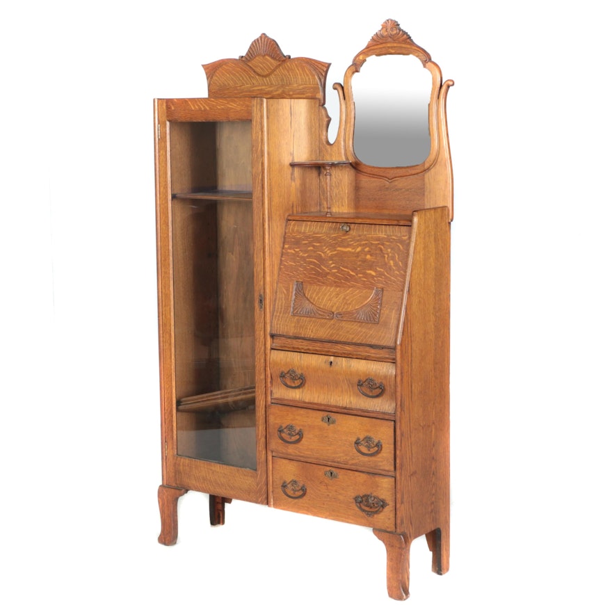 Vintage Victorian Style Oak Side by Side Chifferobe with Fall Front and Mirror