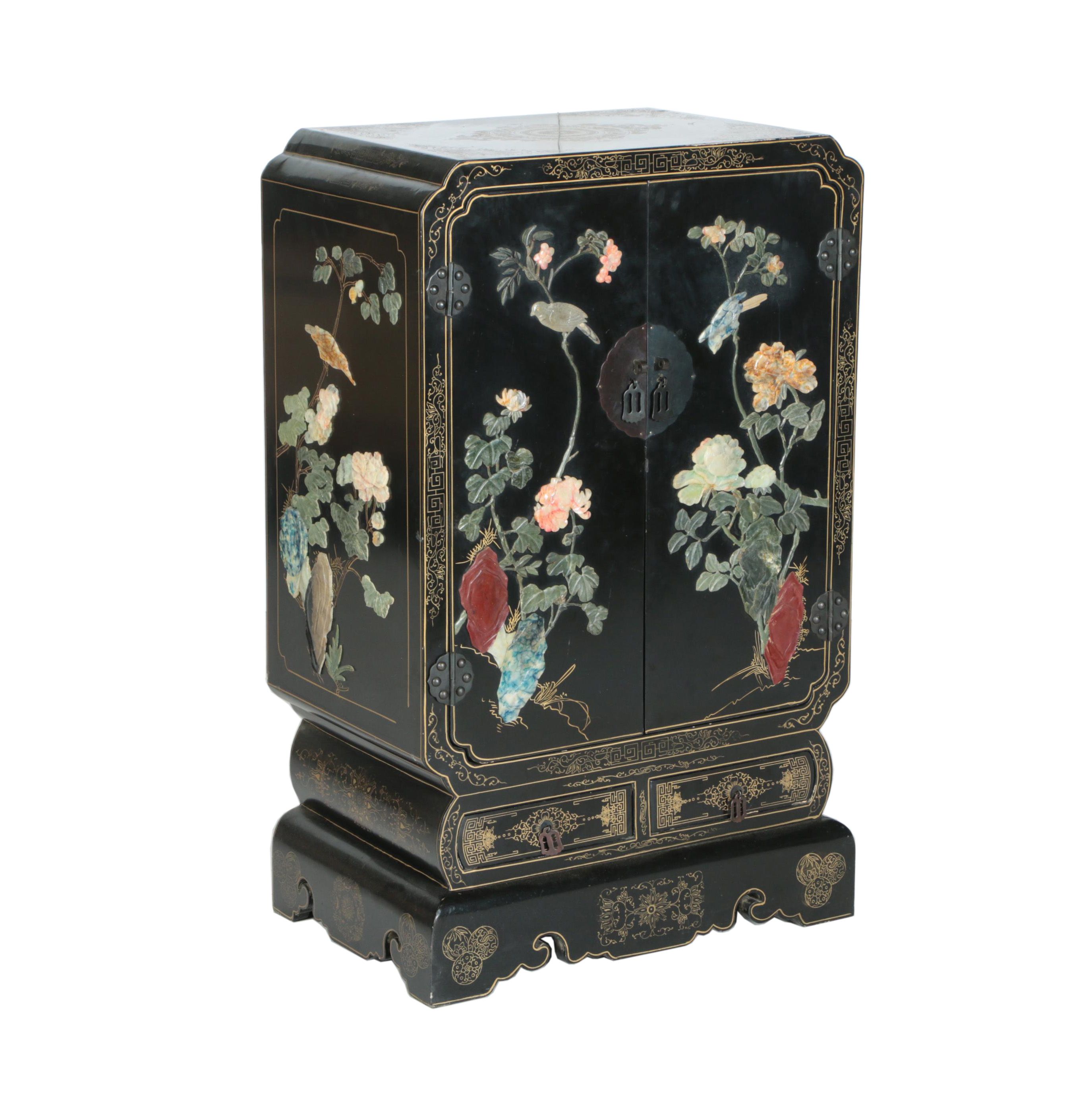 Chinese Black Lacquer and Hardstone Cabinet by Jinlong