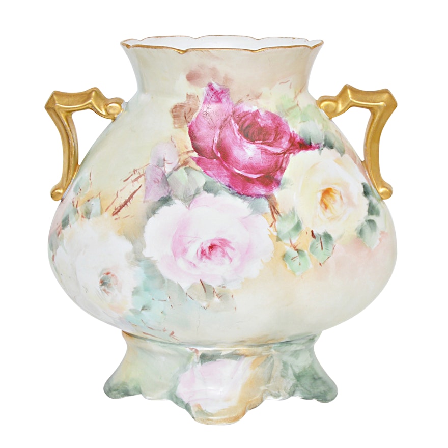 Antique P & L Limoges Porcelain Vase with Tea Roses