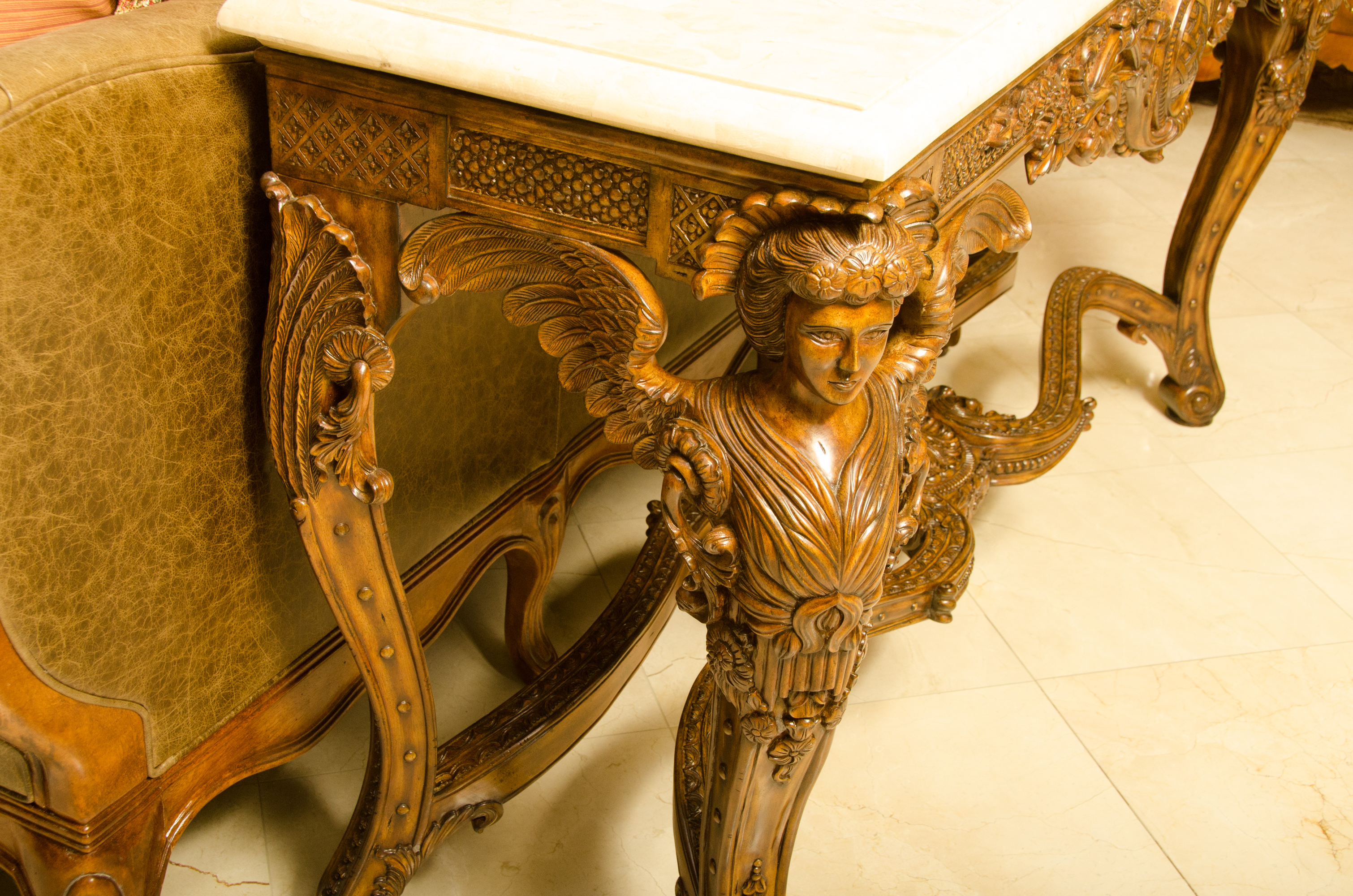 Vintage Rococo Style Stone Top Console Table