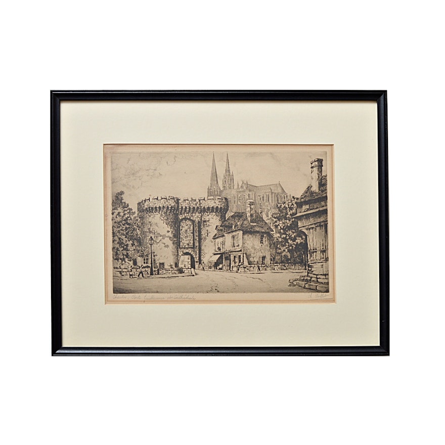 Charles Nollet Signed Etching of Chartres