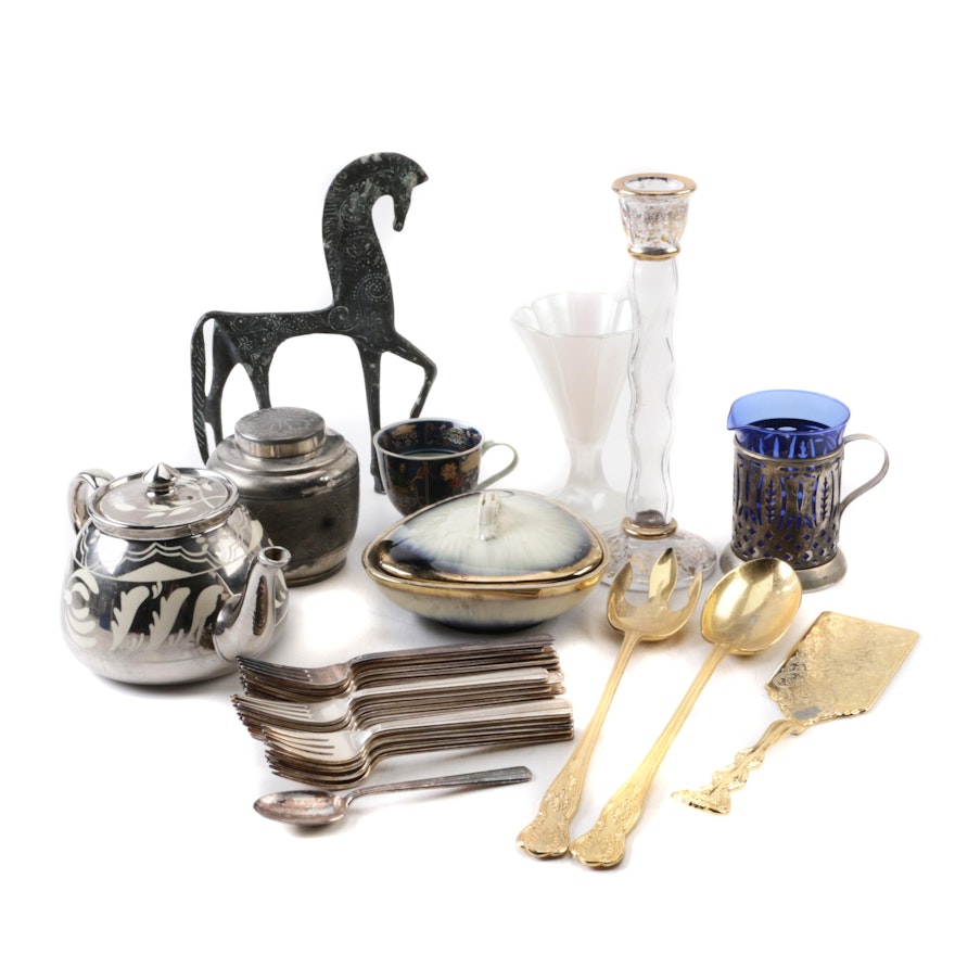 Assorted Silver Plate Serving Utensils, Home Decor and a Stylized Horse Figurine