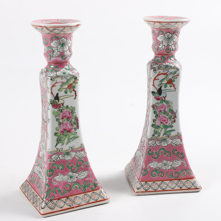 Pair of Chinese Hand-Painted Candlesticks