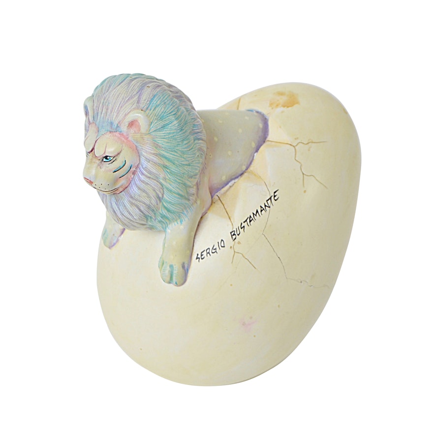 Sergio Bustamante Hand Painted Ceramic Egg with Hatching Lion