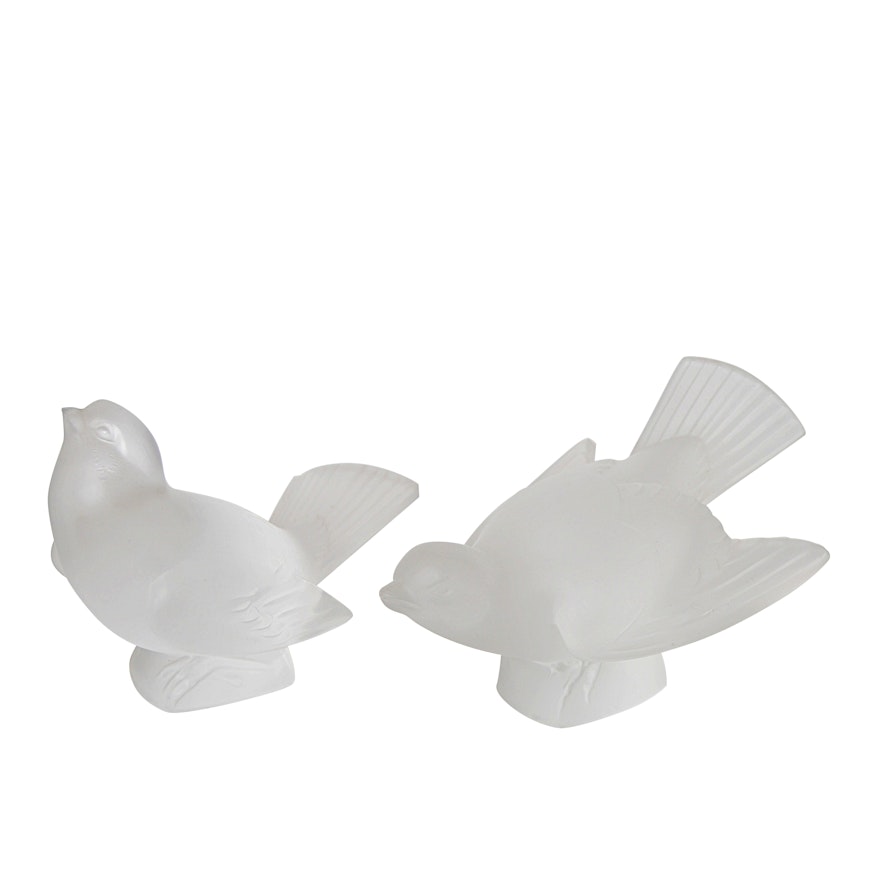 Pair of Lalique Frosted Crystal Birds