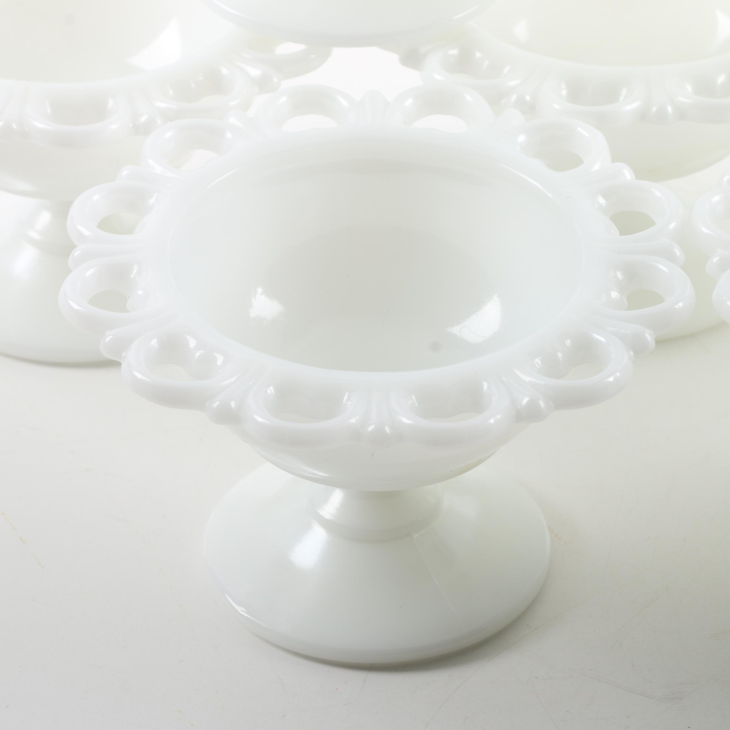 Vintage Reticulated Milk Glass Footed Cups and Saucers