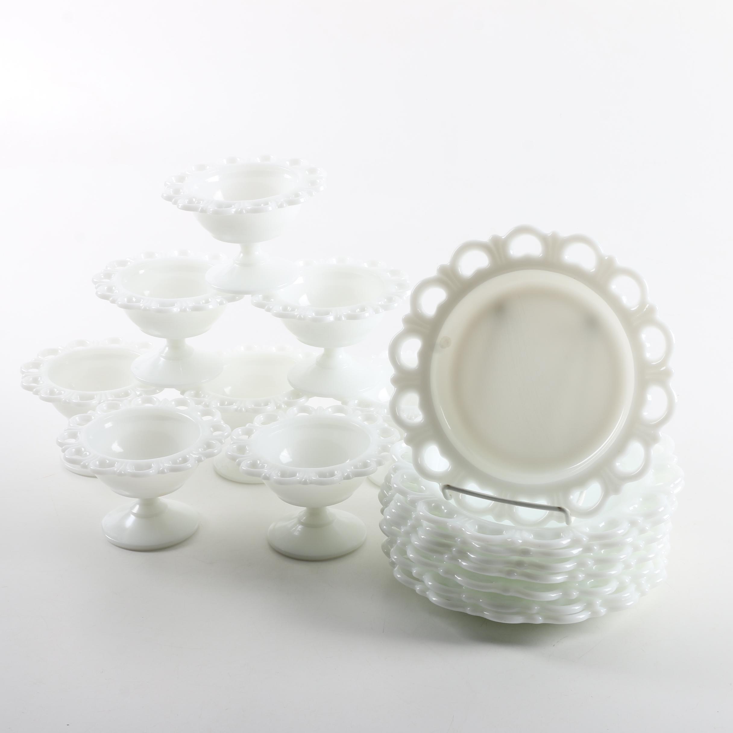 Vintage Reticulated Milk Glass Footed Cups and Saucers