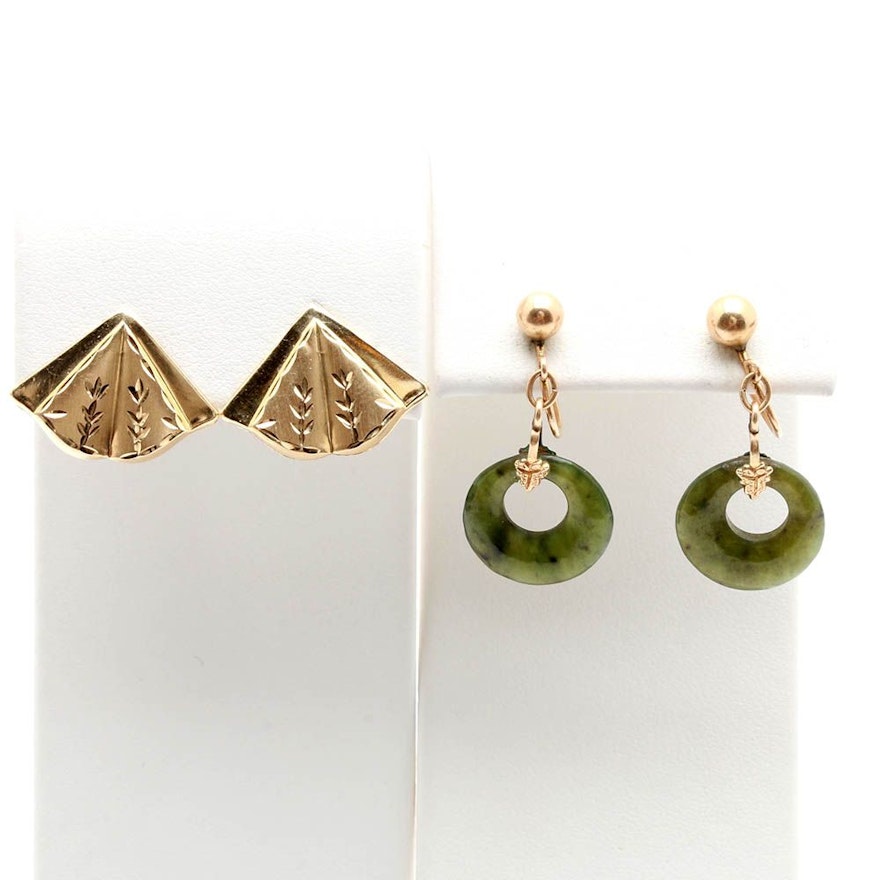 Selection of 14K Yellow Gold Earrings Including Nephrite