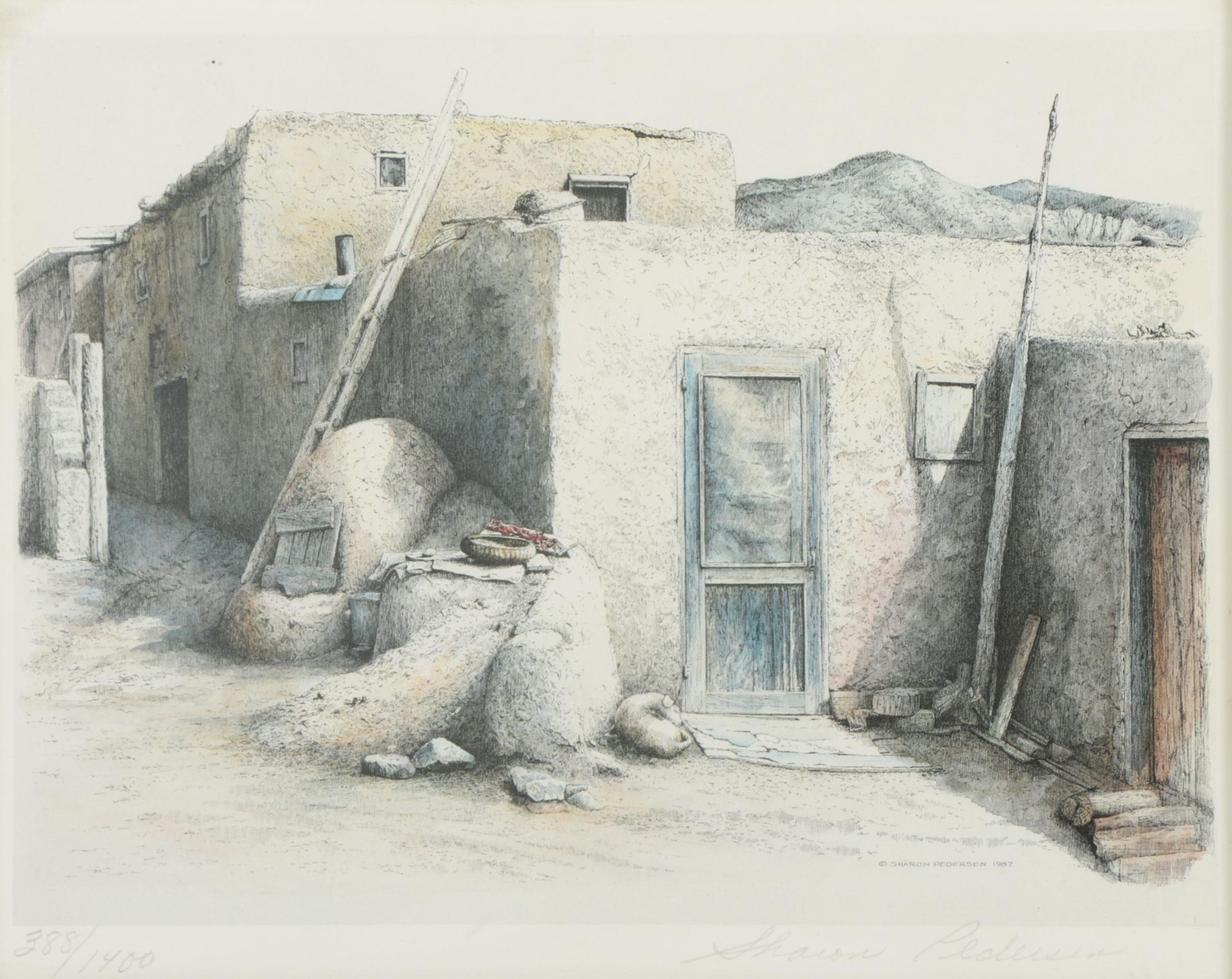 Sharon Pedersen 1980s Limited Edition Offset Lithograph of Taos Pueblo