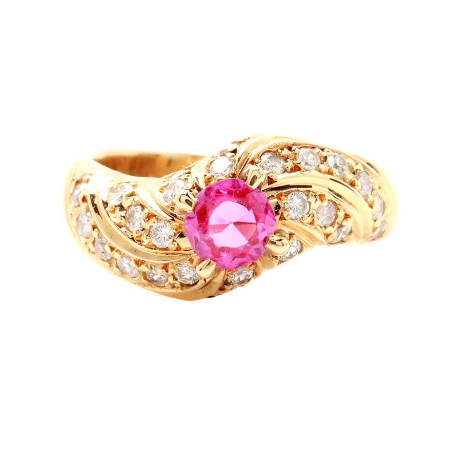 18K Yellow Gold Synthetic Ruby and Diamond Ring