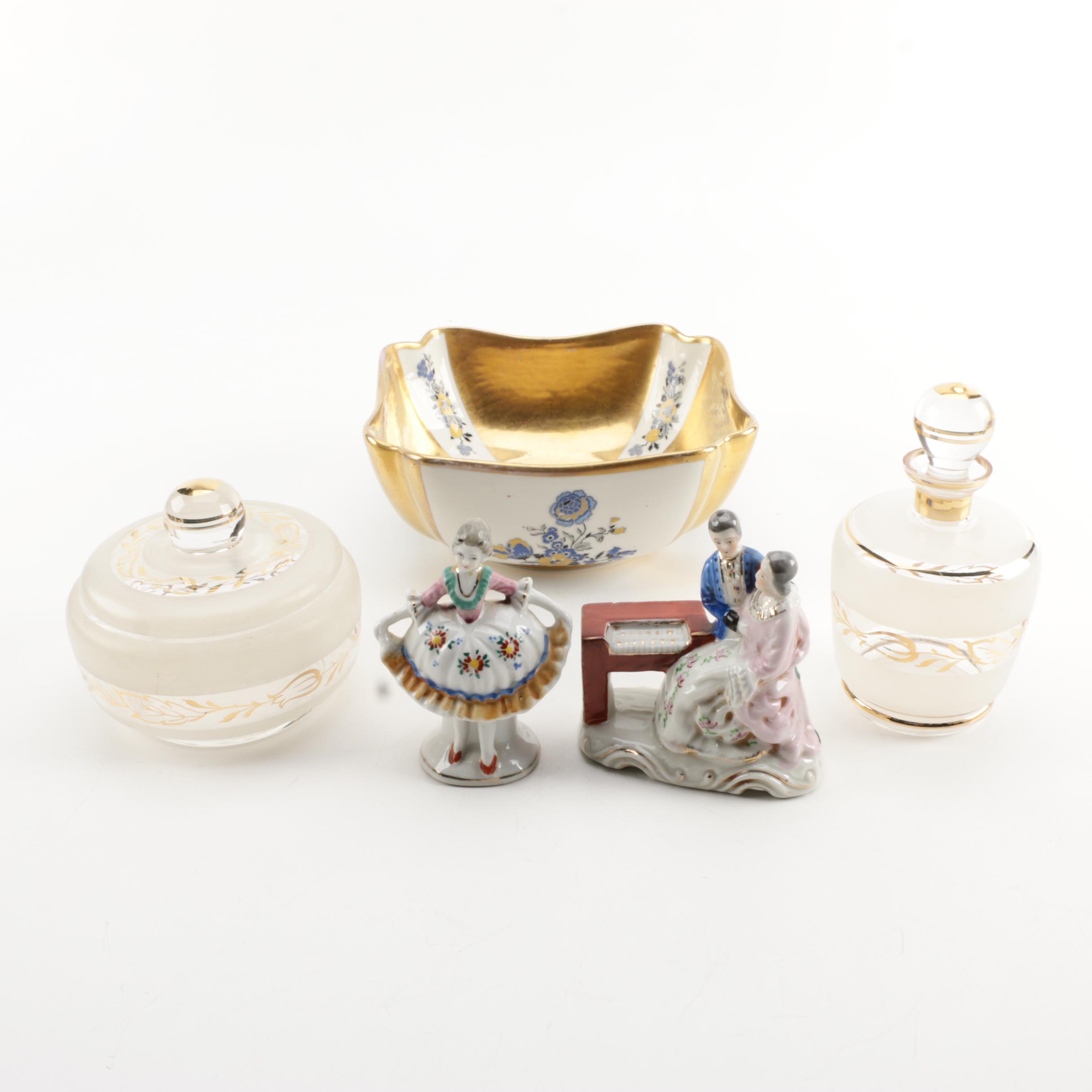 Concorde Gold and Floral Bowl with Occupied Japan Figurines and other Decor