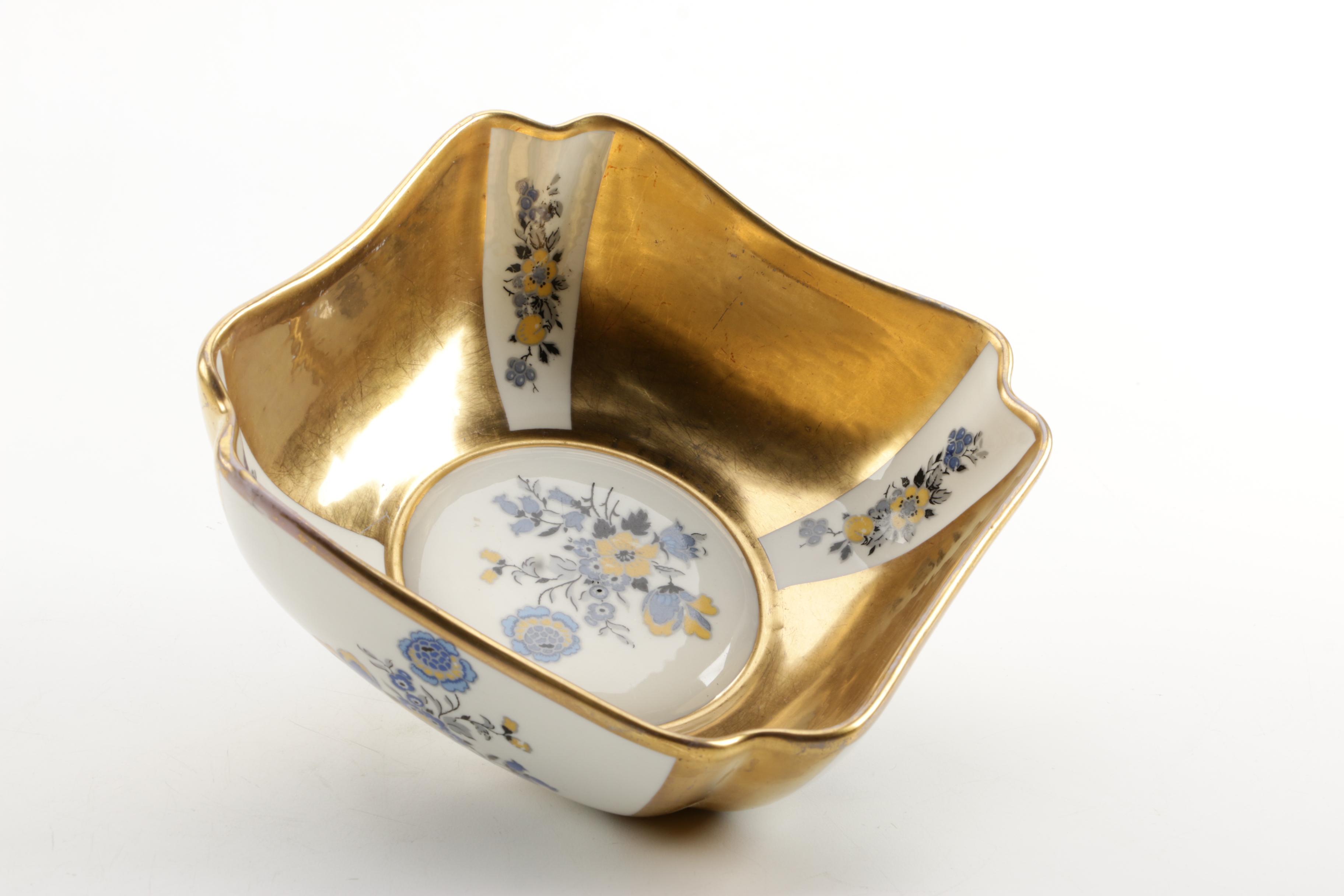 Concorde Gold and Floral Bowl with Occupied Japan Figurines and other Decor