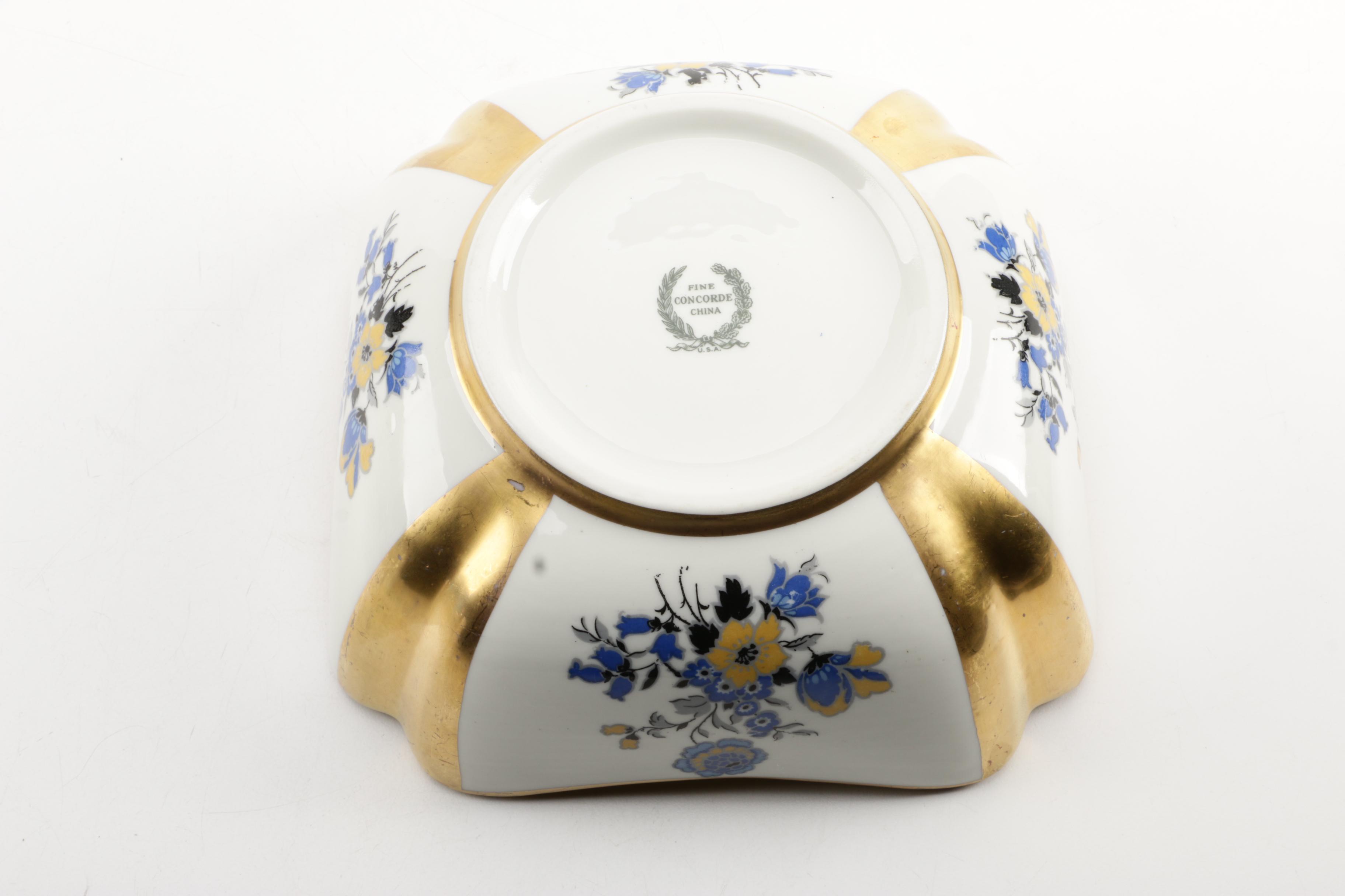 Concorde Gold and Floral Bowl with Occupied Japan Figurines and other Decor