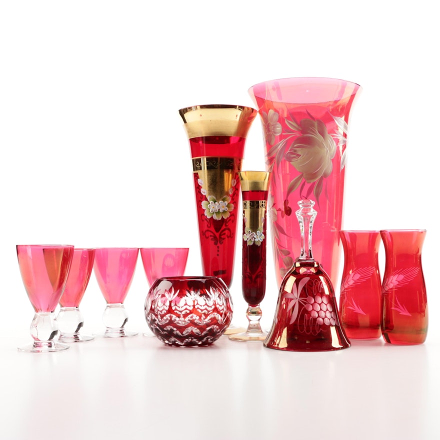 Cranberry and Ruby Glass Vases, Glasses and Bell