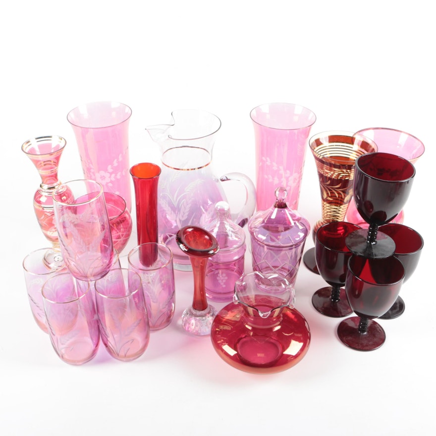 Vintage Glass Tableware and Vases including Bohemian