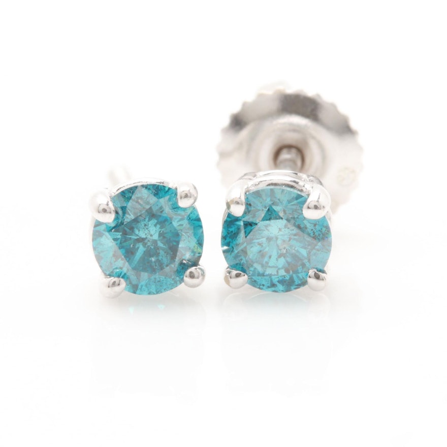 14K White Gold Blue Diamond Stud Earrings