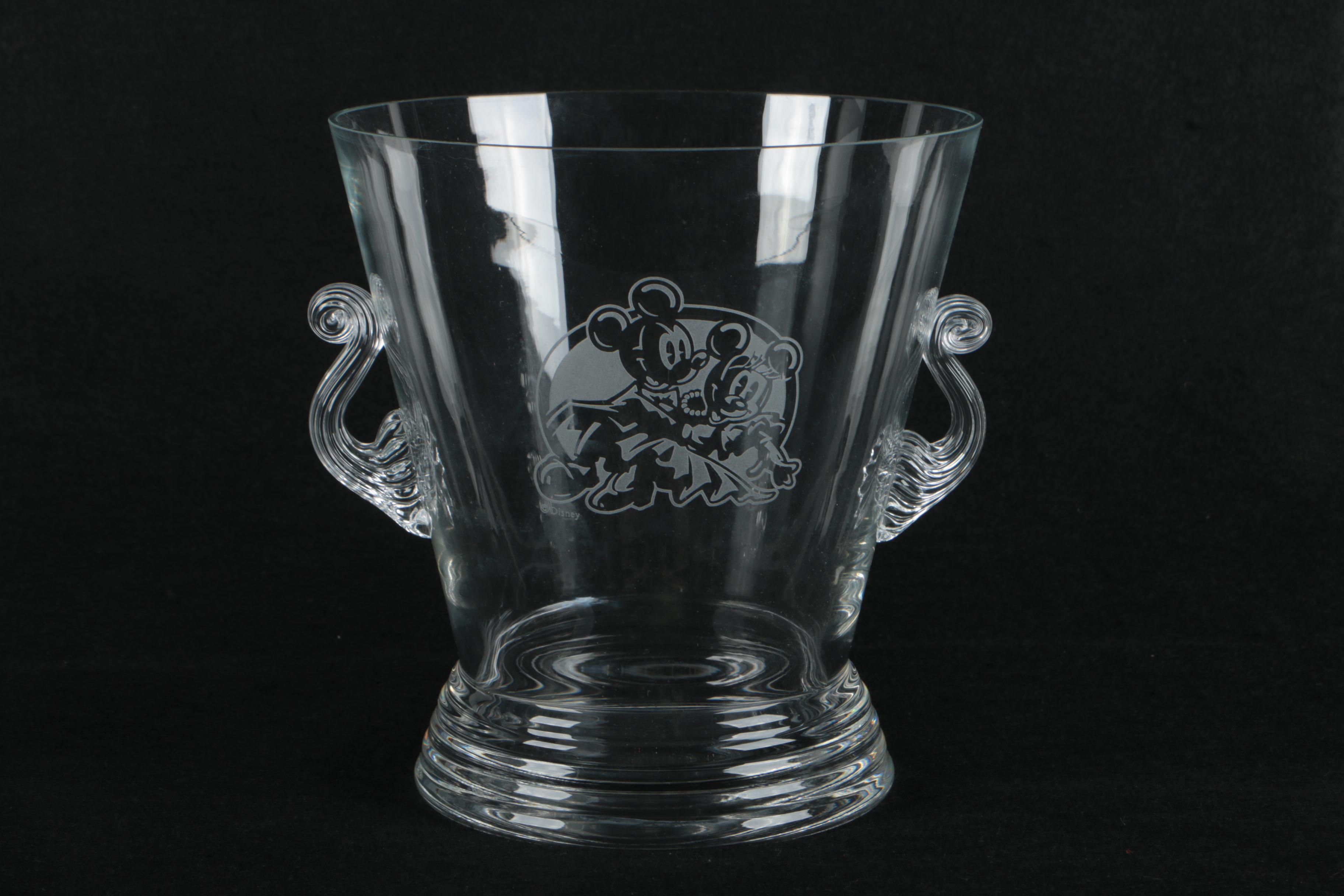 Disney Mickey and Minnie Crystal Ice Bucket and Old Fashioned Glasses