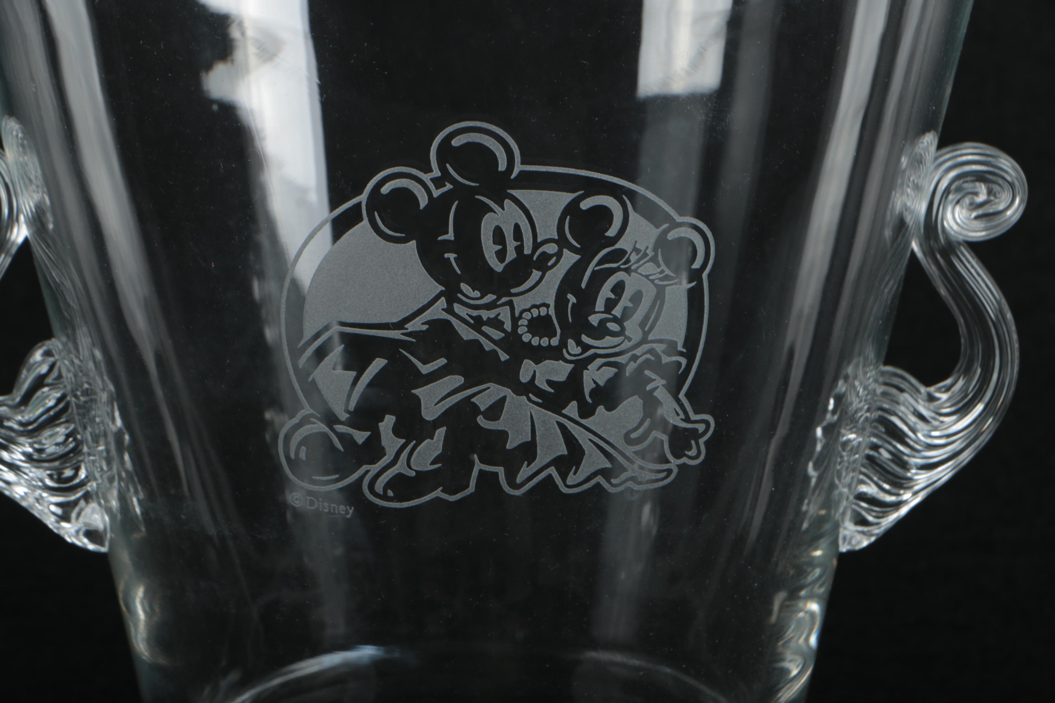 Disney Mickey and Minnie Crystal Ice Bucket and Old Fashioned Glasses