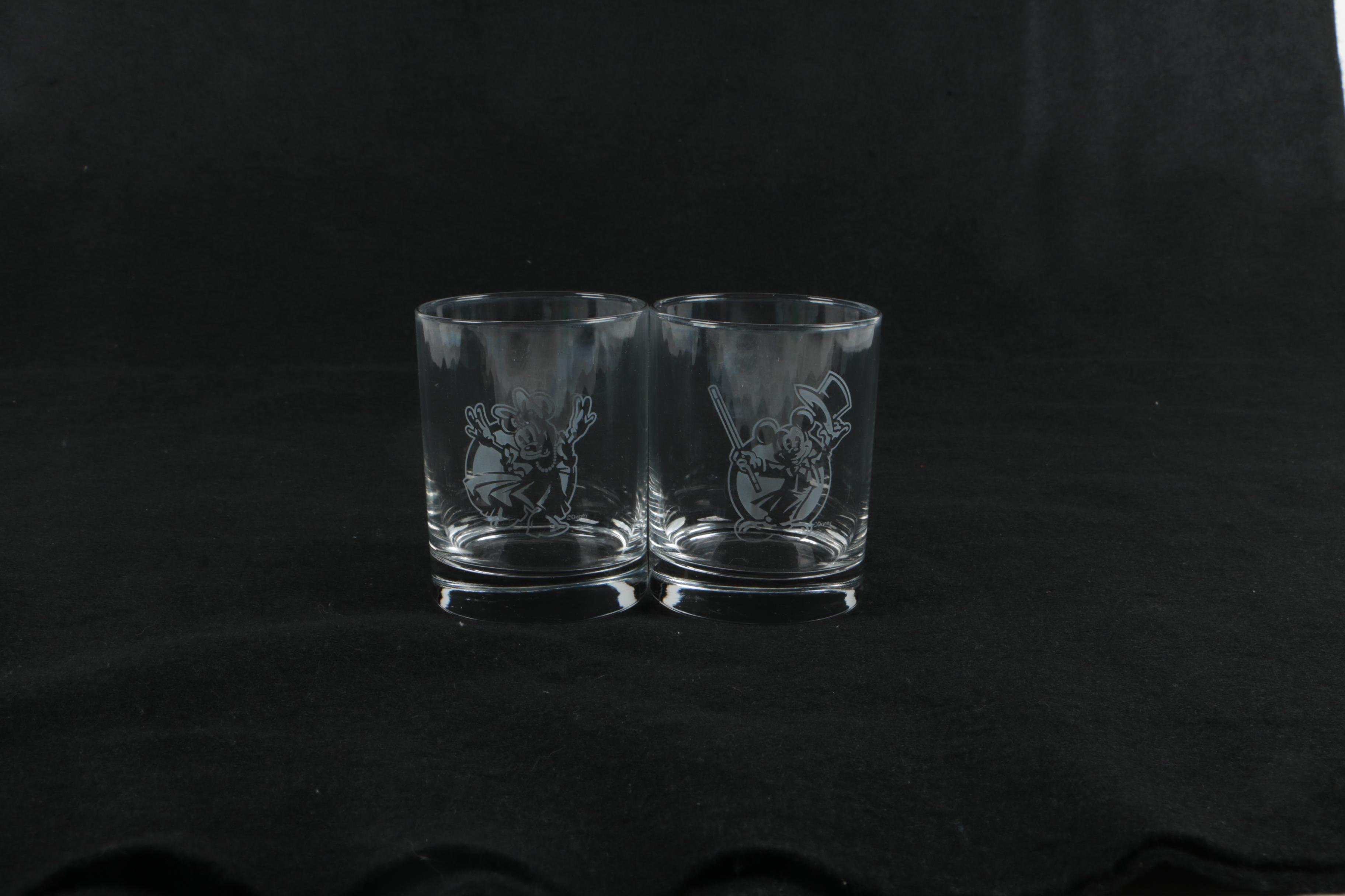 Disney Mickey and Minnie Crystal Ice Bucket and Old Fashioned Glasses