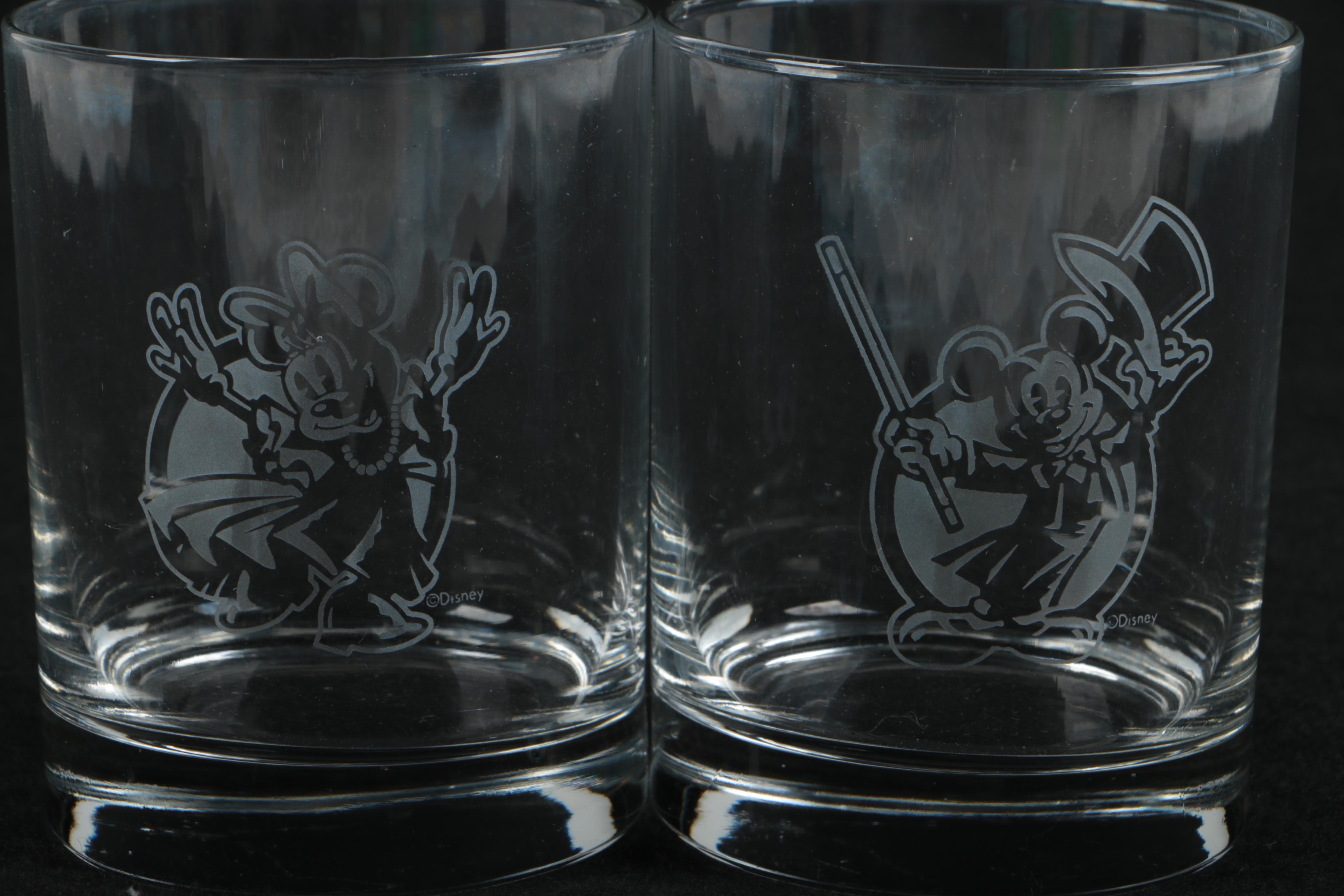 Disney Mickey and Minnie Crystal Ice Bucket and Old Fashioned Glasses