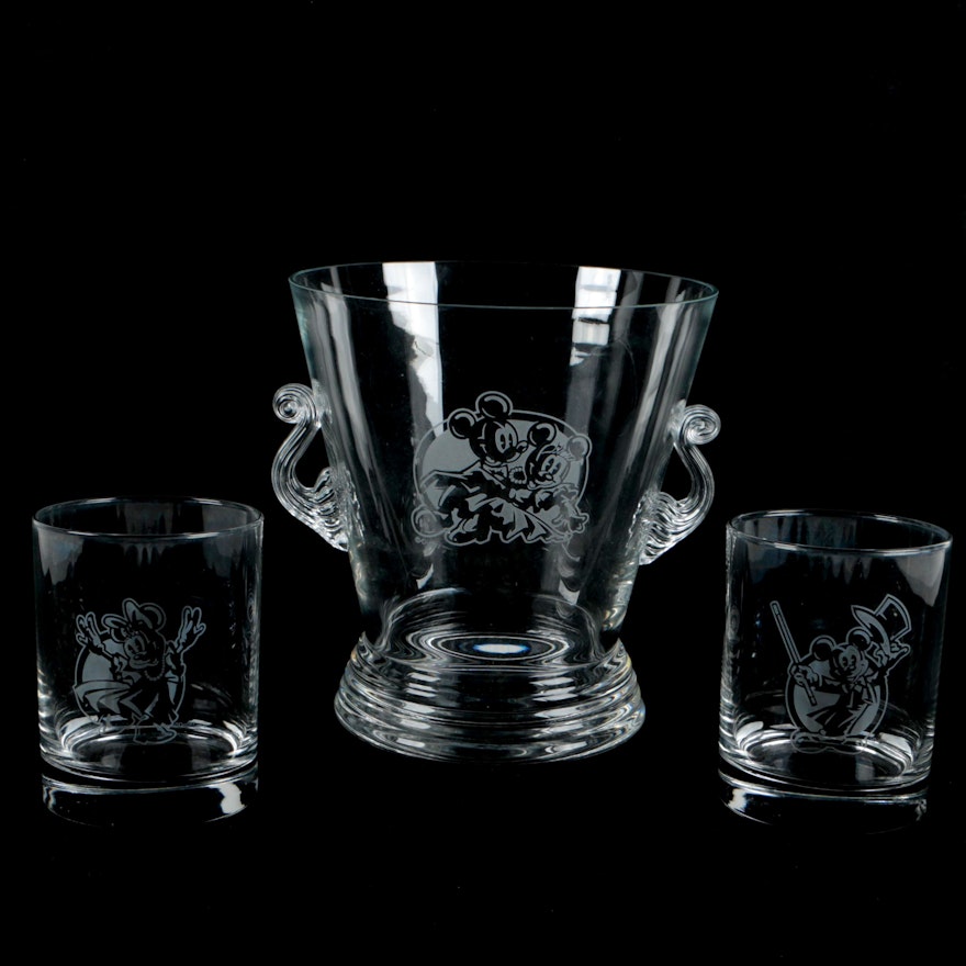 Disney Mickey and Minnie Crystal Ice Bucket and Old Fashioned Glasses