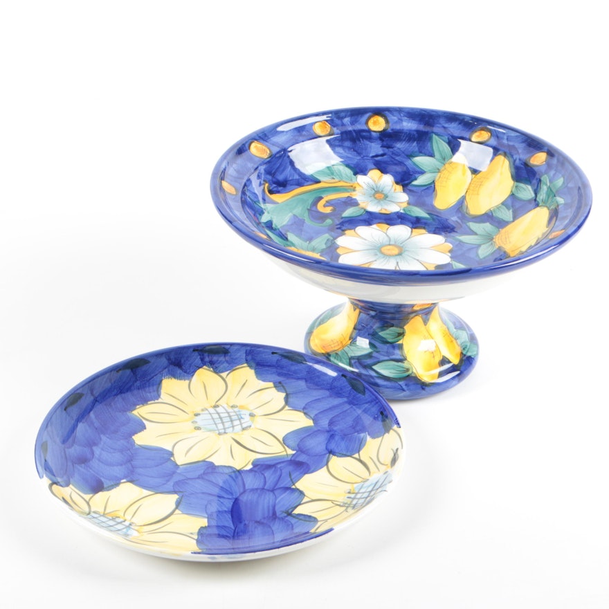 Hand-Painted Ceramic Compote and Plate