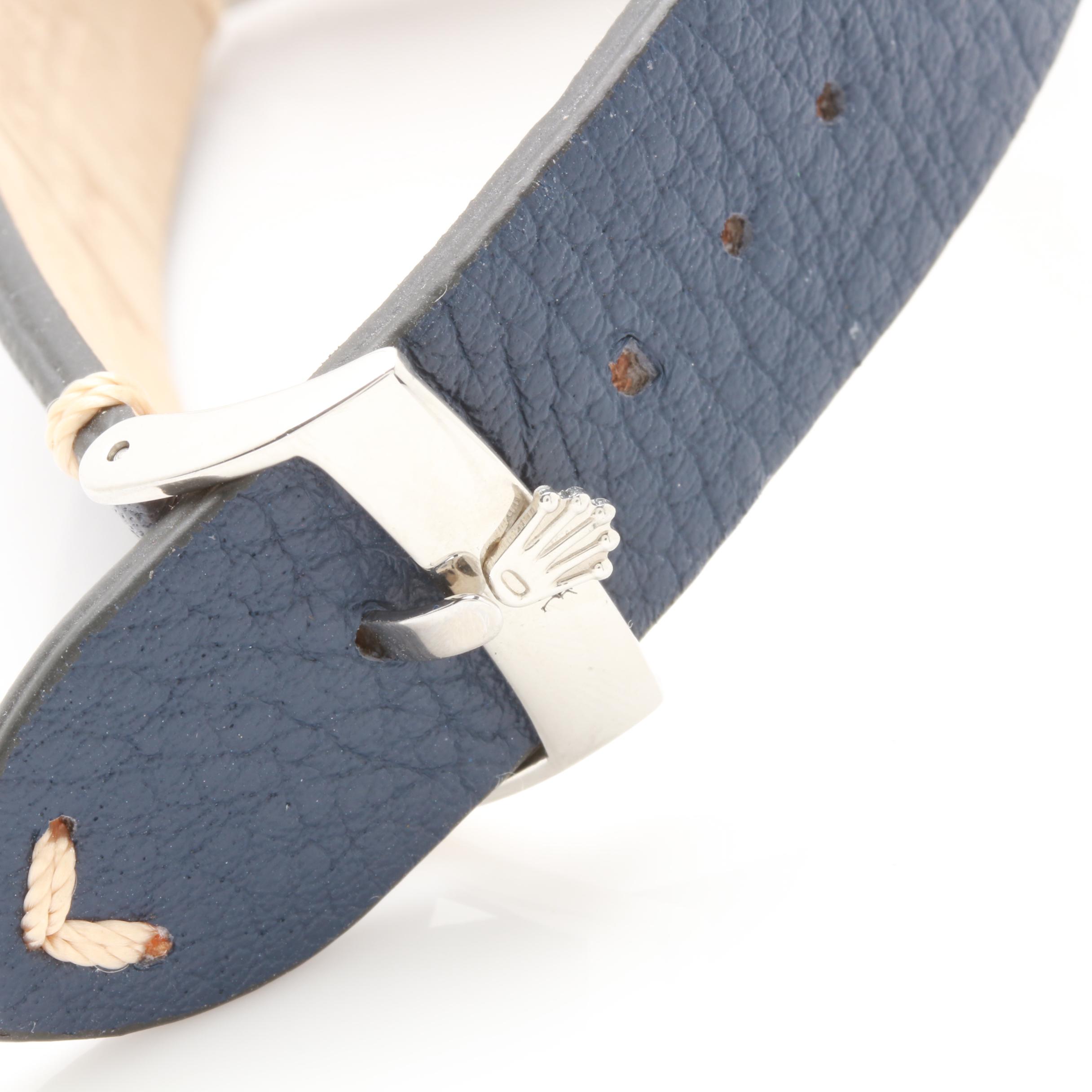 Rolex Stainless Steel White Dial Watch with Keith Valler Blue Leather Strap