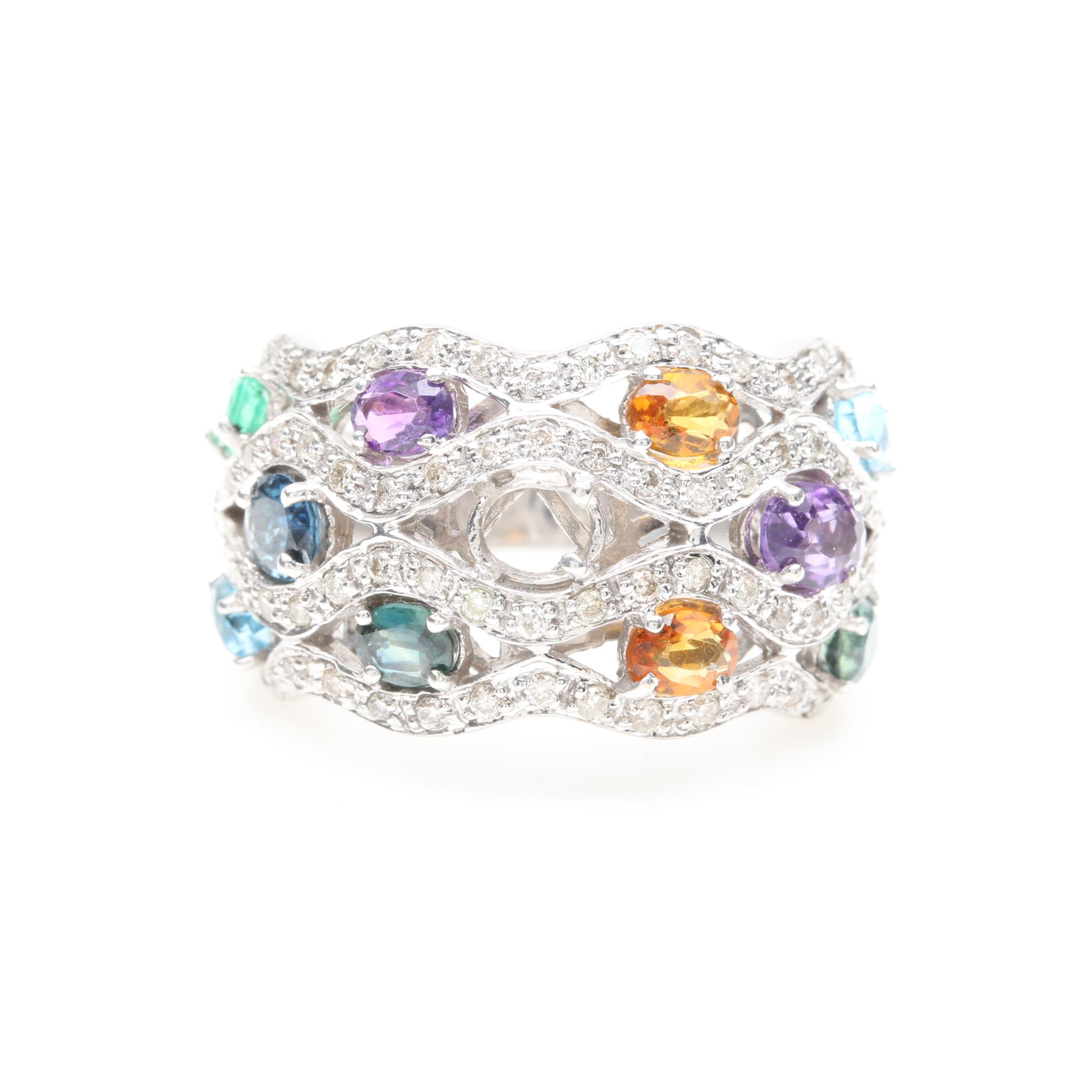 14K White Gold Diamond and Gemstone Ring