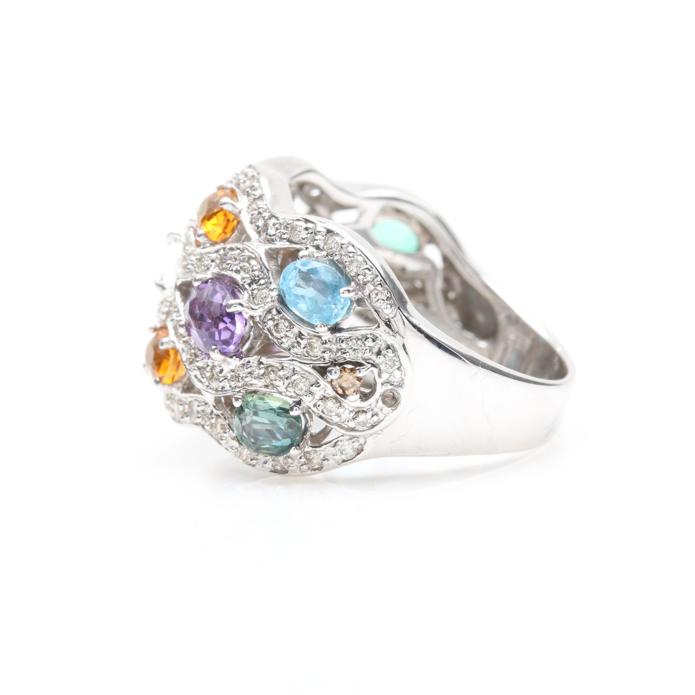 14K White Gold Diamond and Gemstone Ring