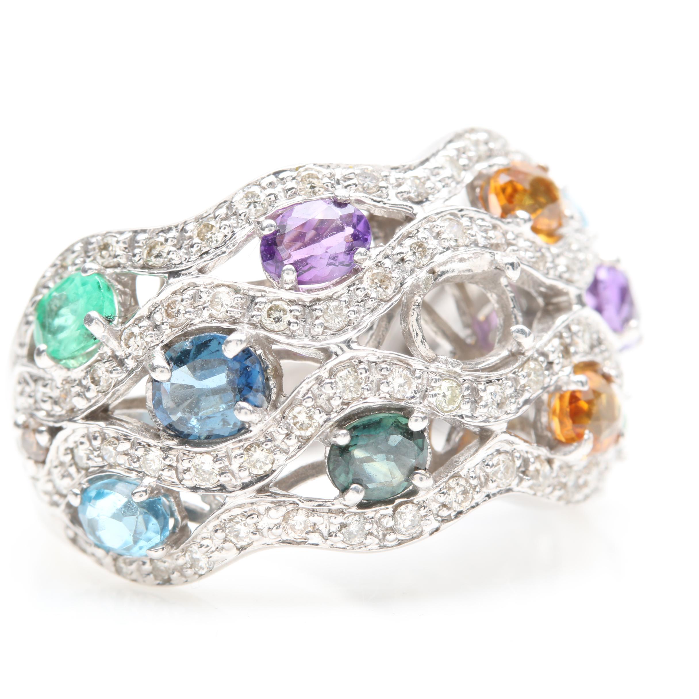 14K White Gold Diamond and Gemstone Ring