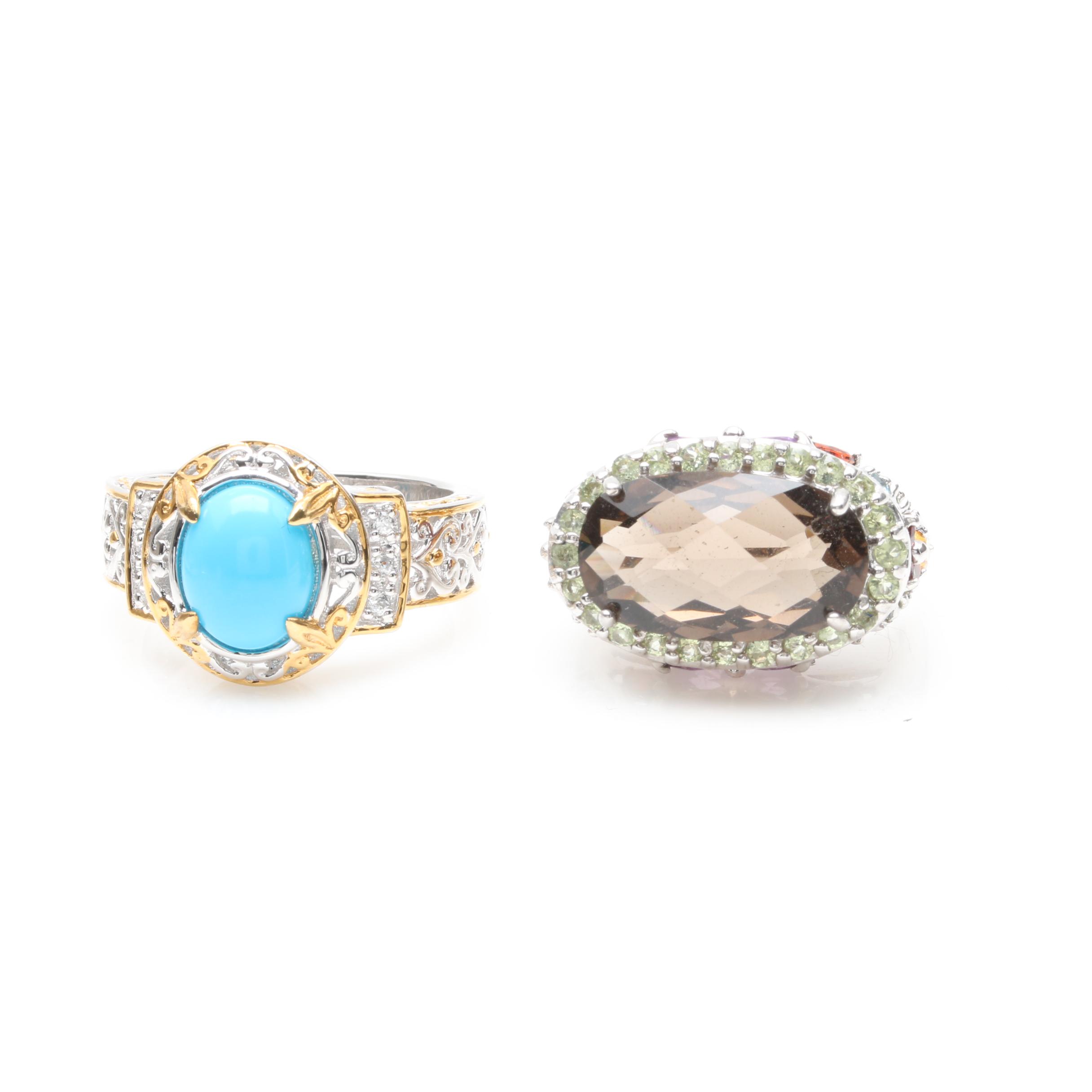 Silver Tone Bracelet and Sterling Silver Rings Including Garnet and Peridot